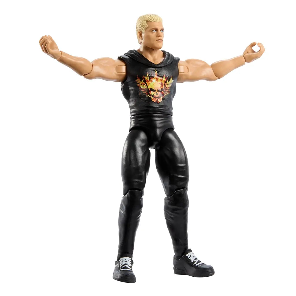 WWE Cody Rhodes action figure with blond hair, muscular build, and black outfit featuring a flaming skull logo, posed with arms wide on a plain white background.
