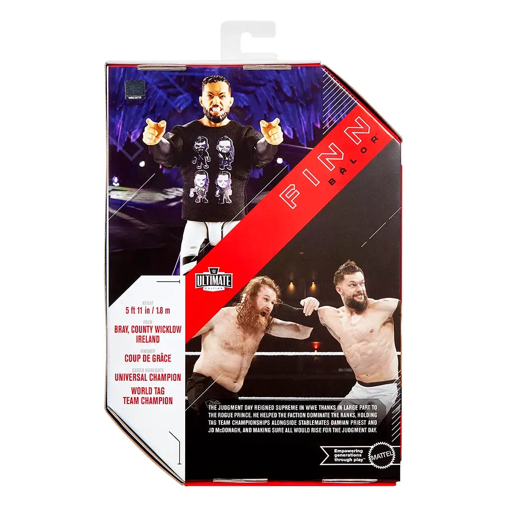 Back packaging of WWE Finn Bálor Ultimate Edition action figure, highlighting wrestler stats, career achievements, and images from matches alongside action figure photography.