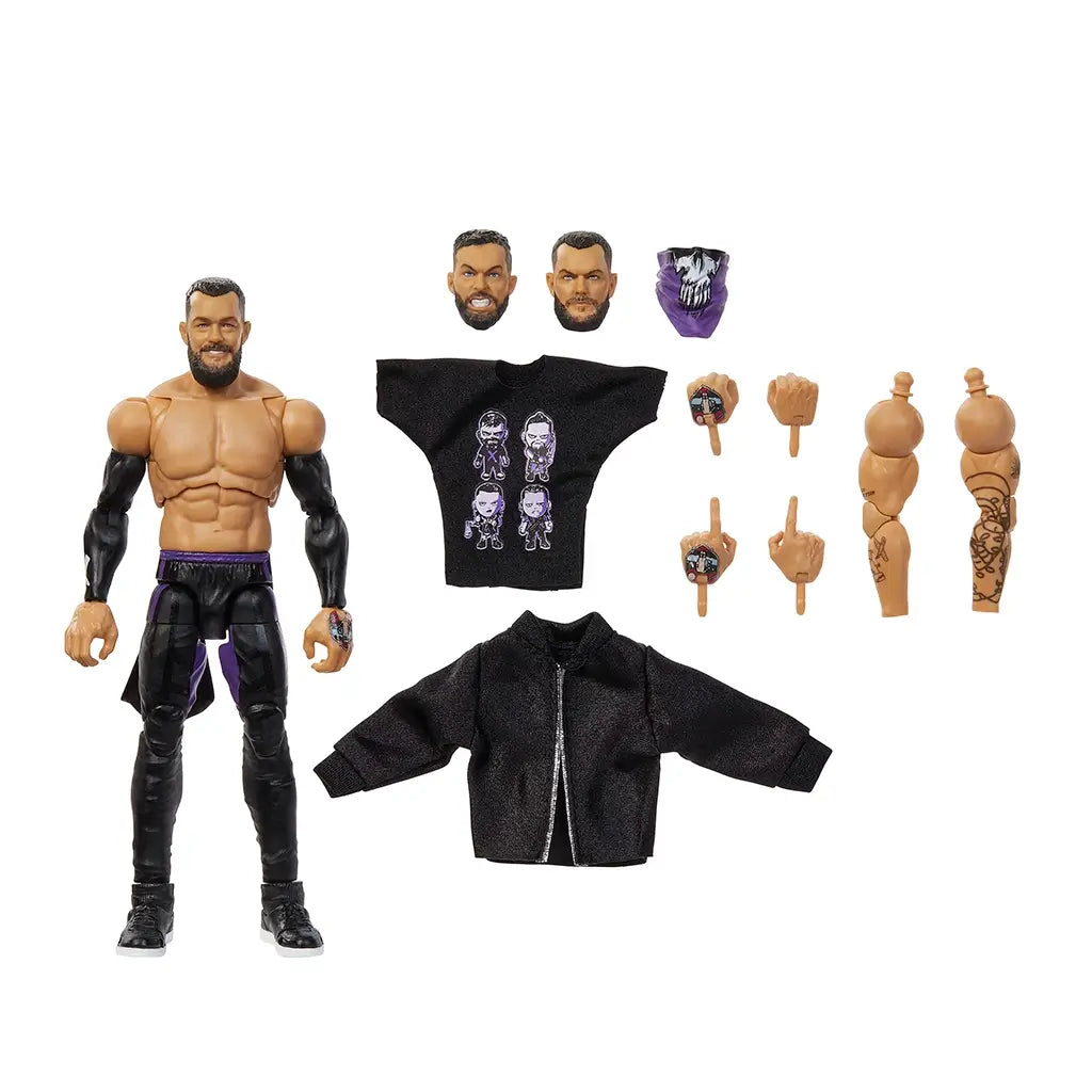 WWE Ultimate Edition Finn Bálor action figure with accessories including extra heads, hands, black jacket, Judgment Day shirt, and tattooed interchangeable arms laid out flat.