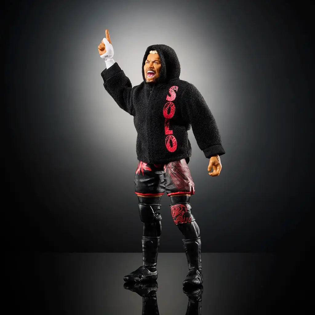 WWE Solo Sikoa action figure angled pose wearing black hoodie with red 
