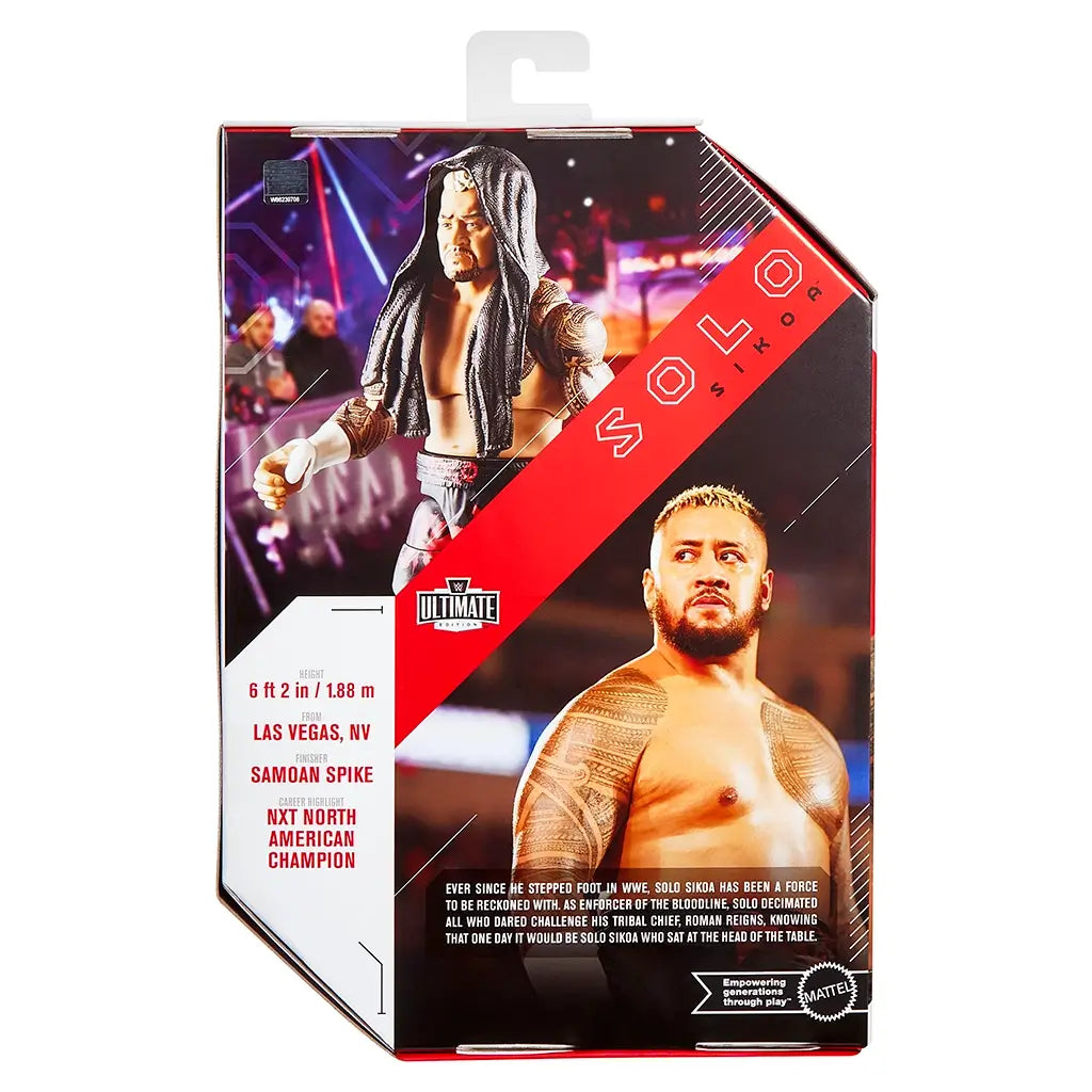 WWE Ultimate Edition Solo Sikoa action figure retail packaging featuring product image, wrestler photo, and details on height, weight, finisher, and championship history.