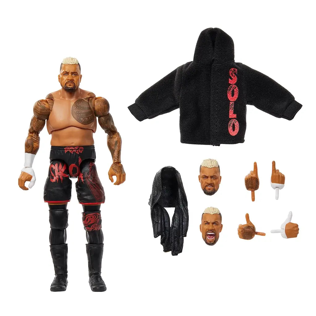 WWE Solo Sikoa action figure set with interchangeable heads, hands, black hoodie, and hooded vest, showcasing tattoos, shorts with red details, and realistic accessories.