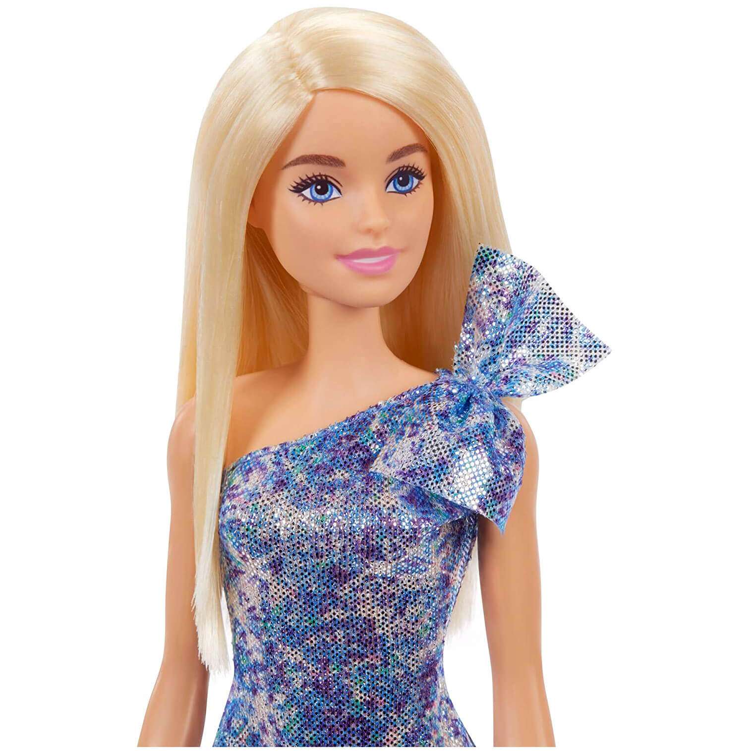 Barbie Blonde Hair Blue Eyes with Short Blue Sequins Mini Dress and Silver Platform Shoes Doll