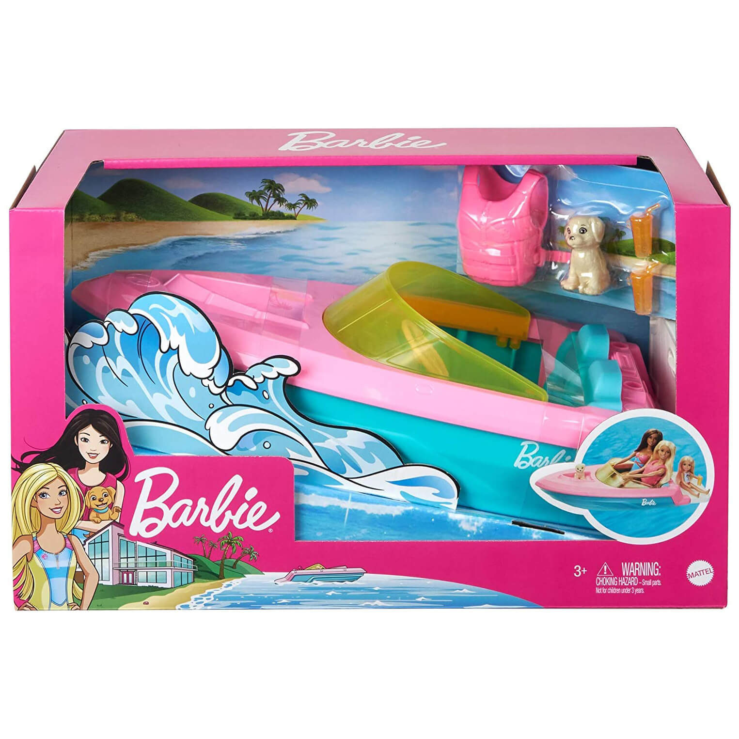 Mattel Barbie Boat with Puppy and Accessories, Fits 3 Dolls, Floats in Water