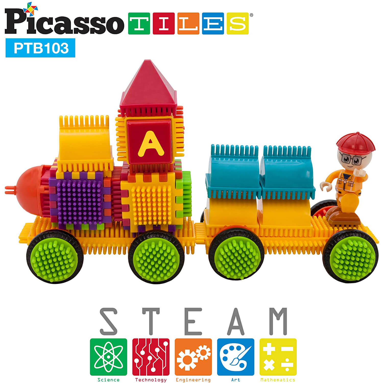 PicassoTiles Alphabet and Numbers Train 103 Piece Building Set
