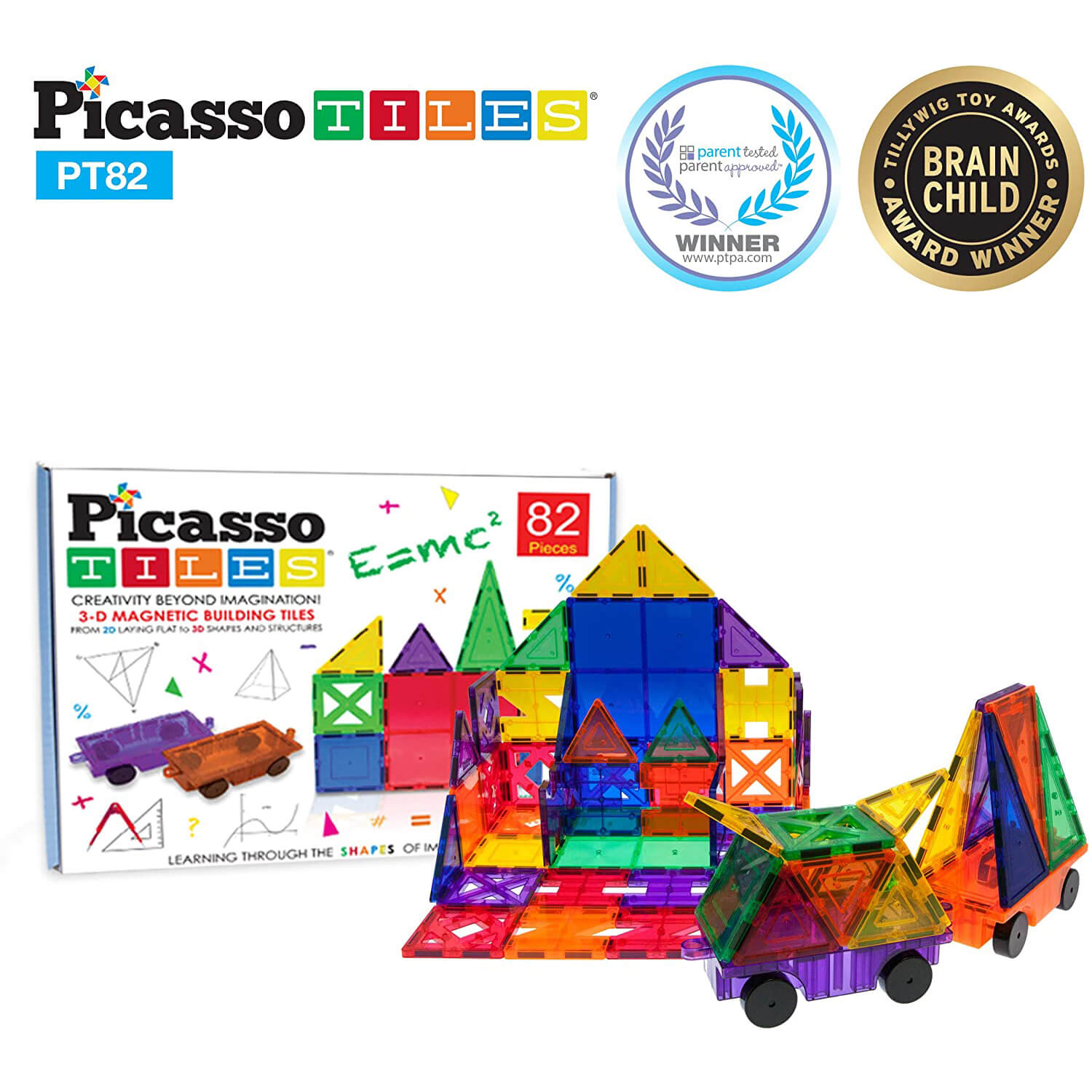 PicassoTiles Magentic Tiles 82 Piece Building Set with 2 Cars