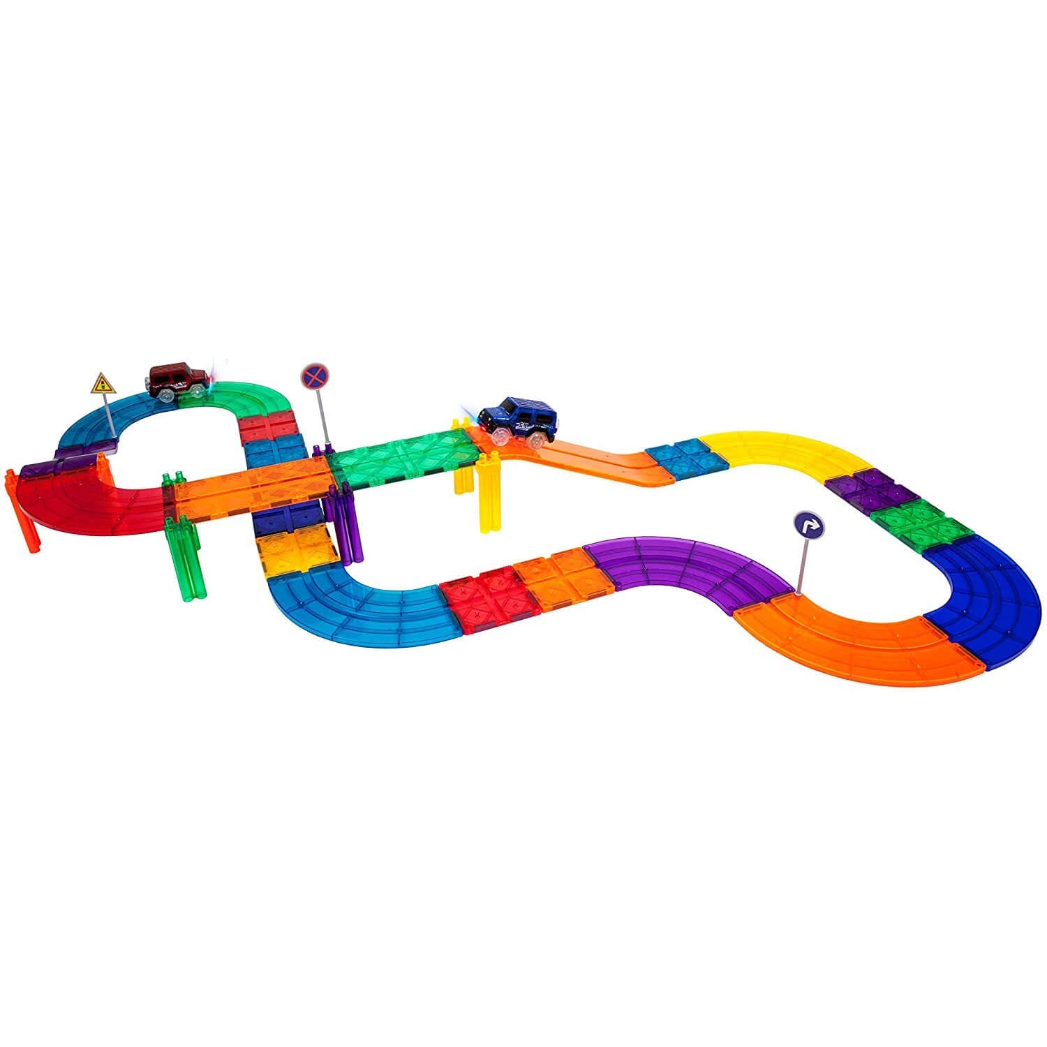 PicassoTiles Magnetic Tiles Race Track Building Set with 2 LED Cars