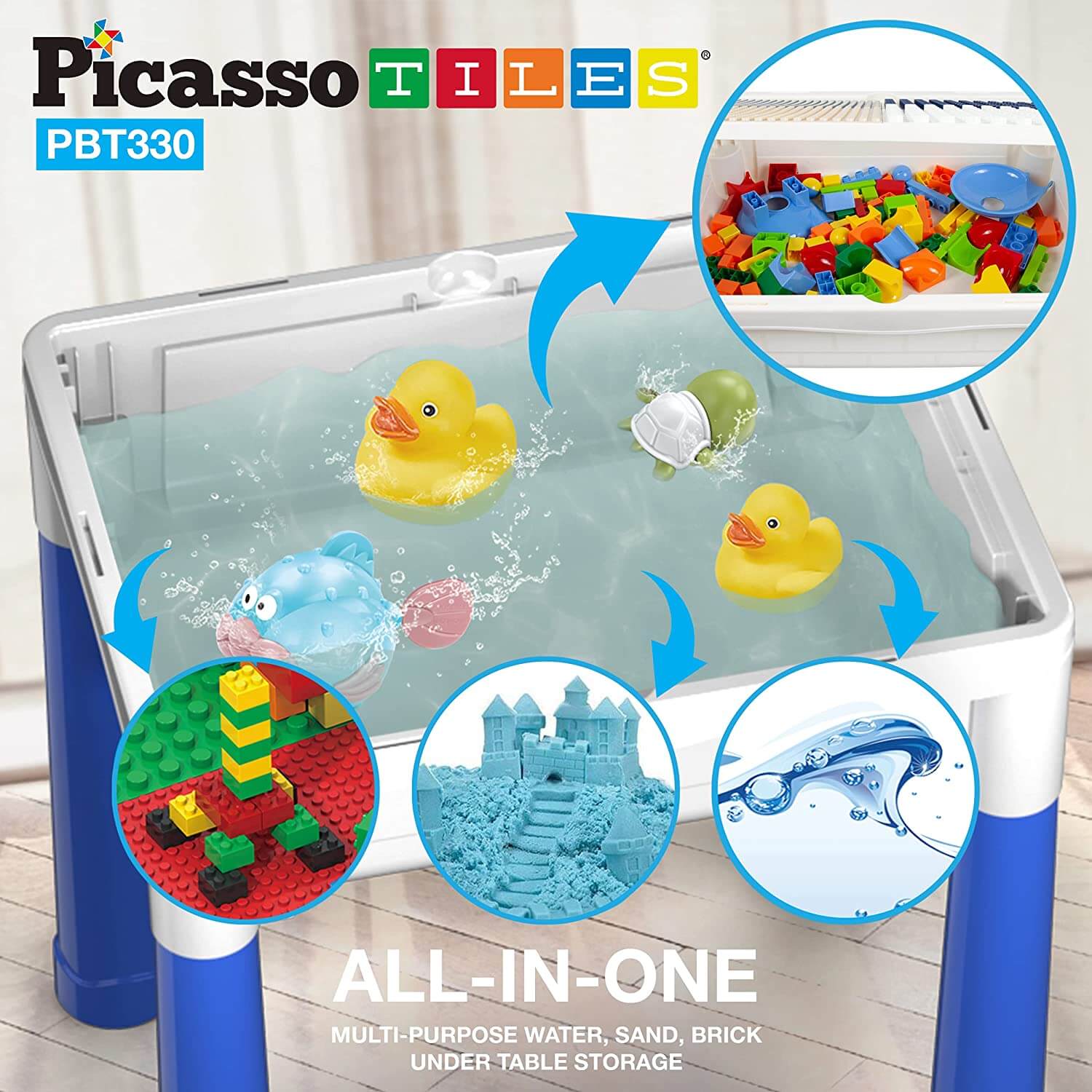PicassoTiles Storage Activity Table with Blocks, Bricks and Marble Run 330 Piece Set