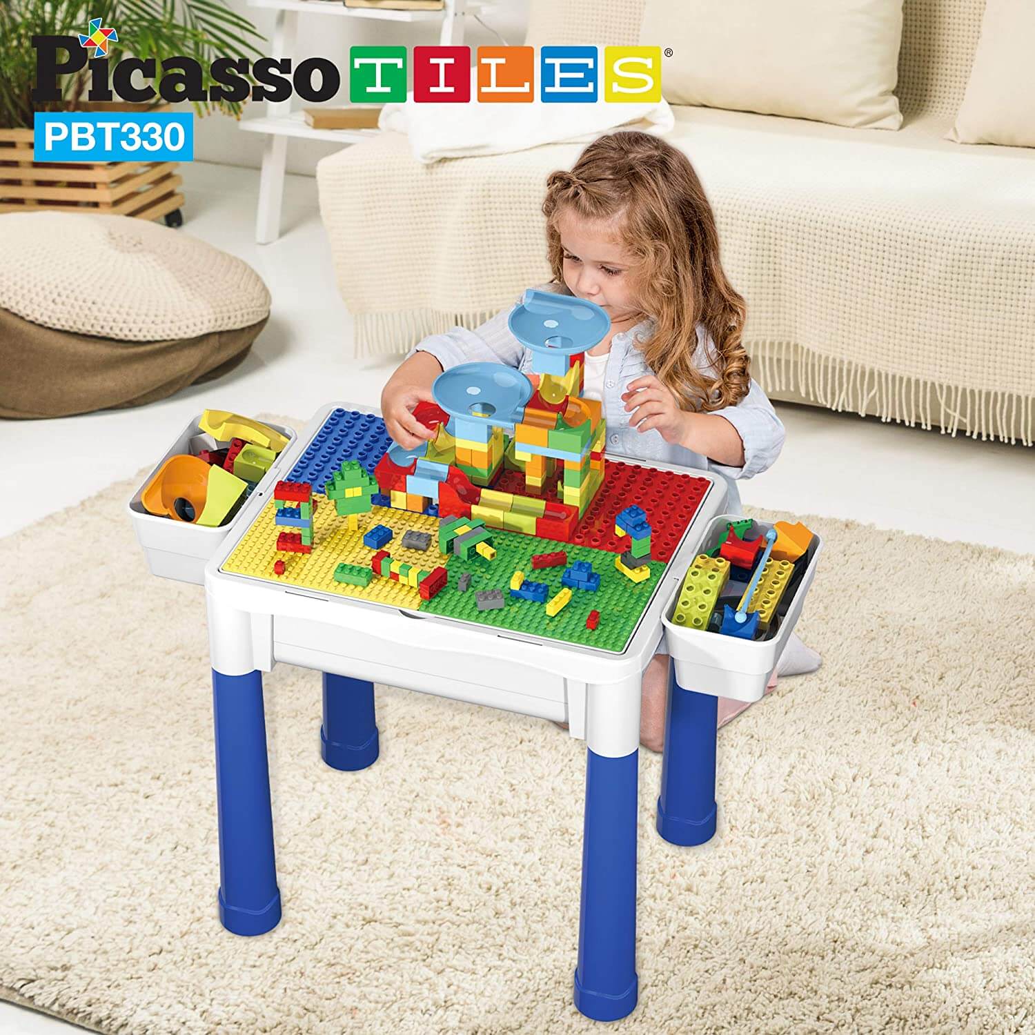 PicassoTiles Storage Activity Table with Blocks, Bricks and Marble Run 330 Piece Set