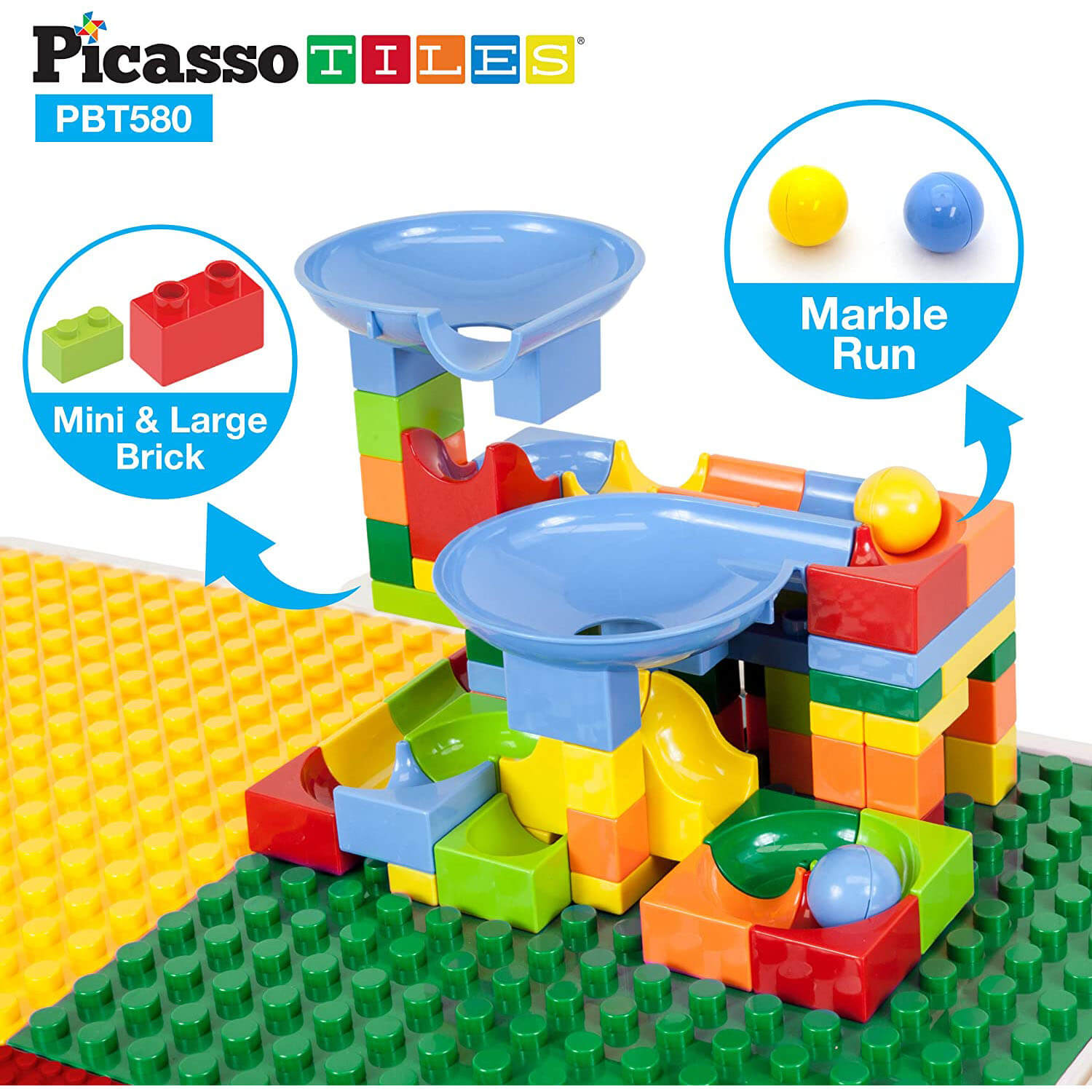 PicassoTiles Storage Activity Table with Blocks, Bricks and Marble Run 530 Piece Set