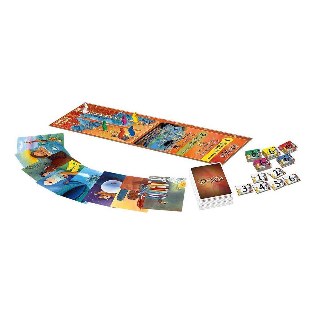 Dixit Game pieces and gameboard layout.