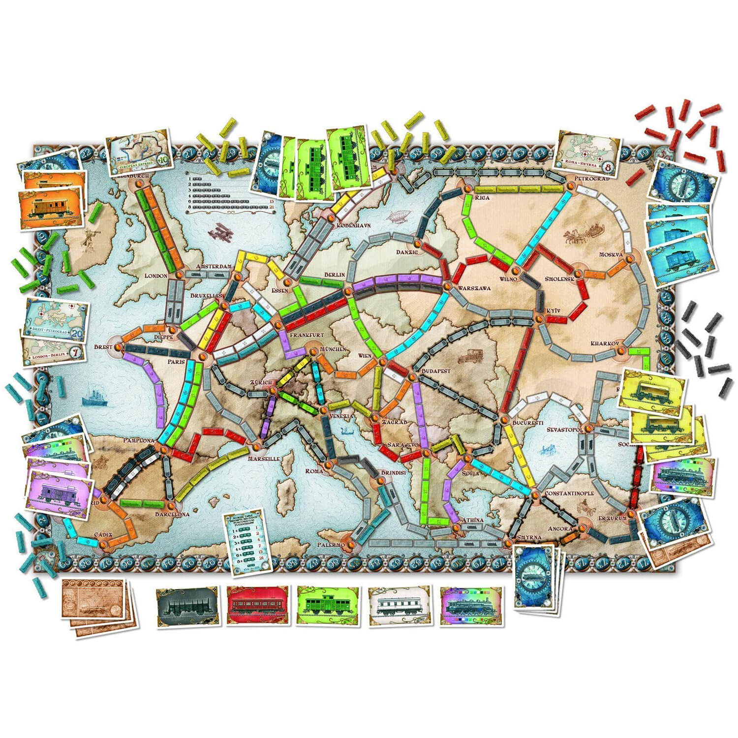 Example settup of Ticket to Ride Europe Game board.