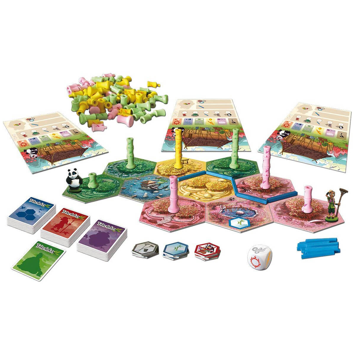 Takenoko game board and pieces layed out.