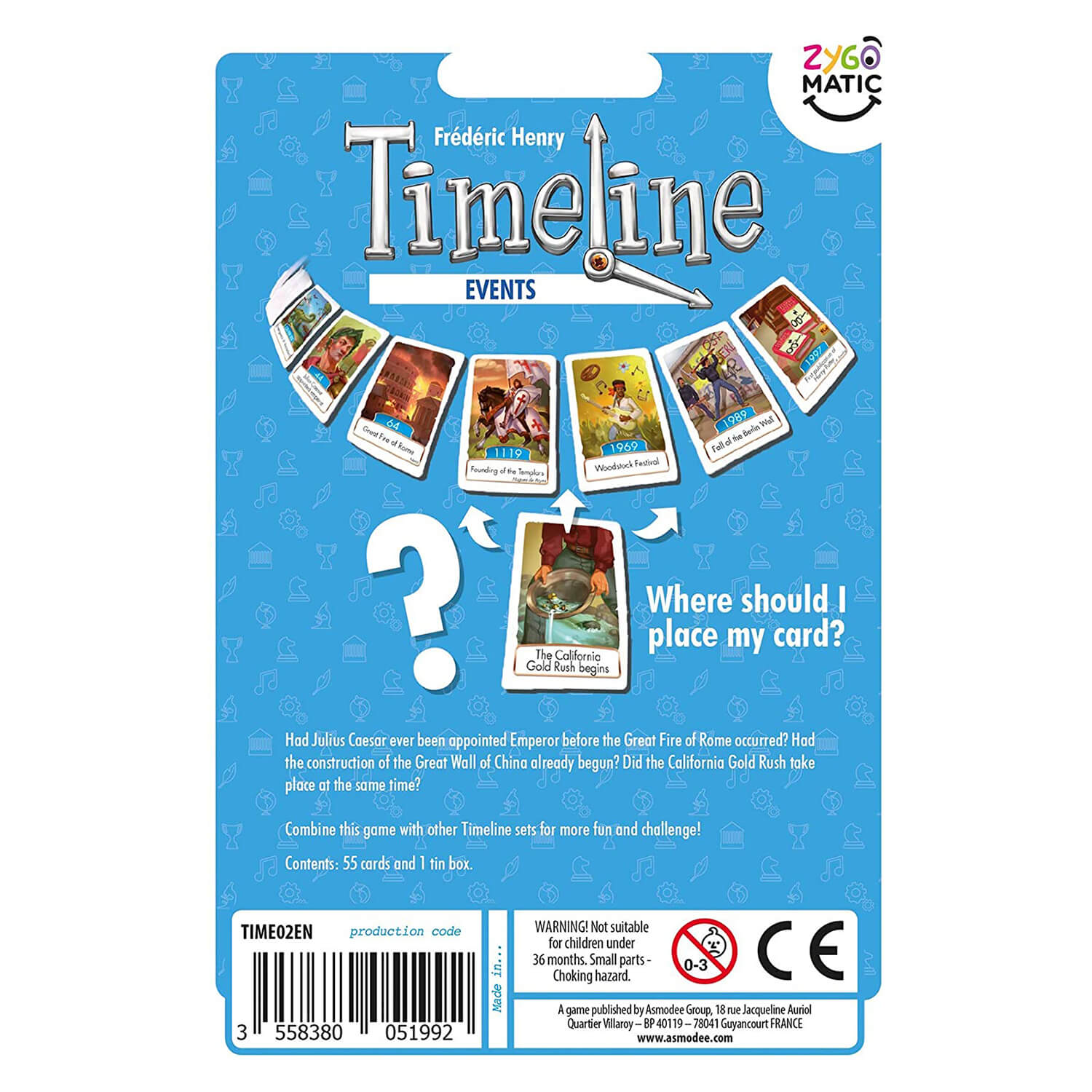 Back of Timeline Events Game package.