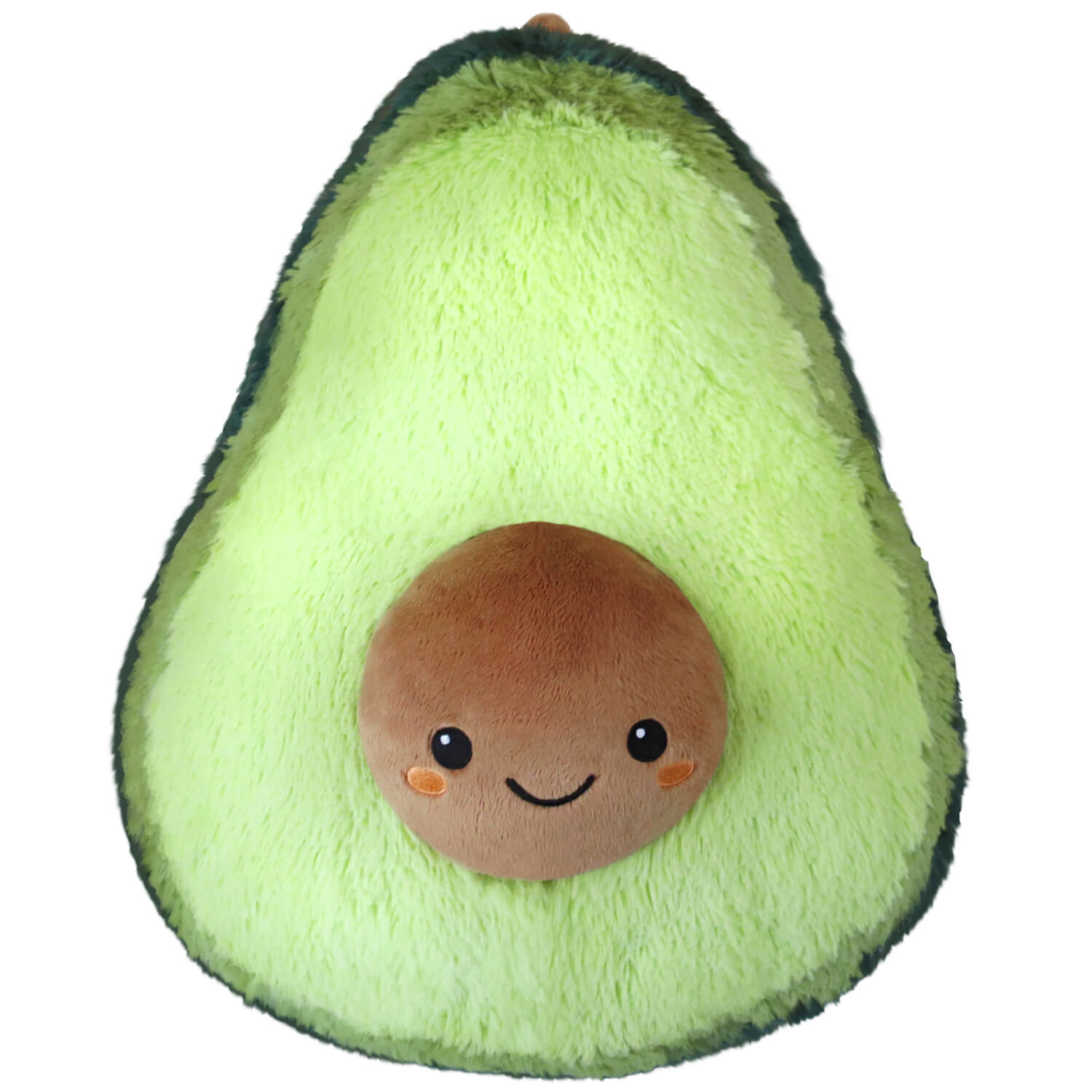 Squishable avocado is green with a smiling tan face. Front view.
