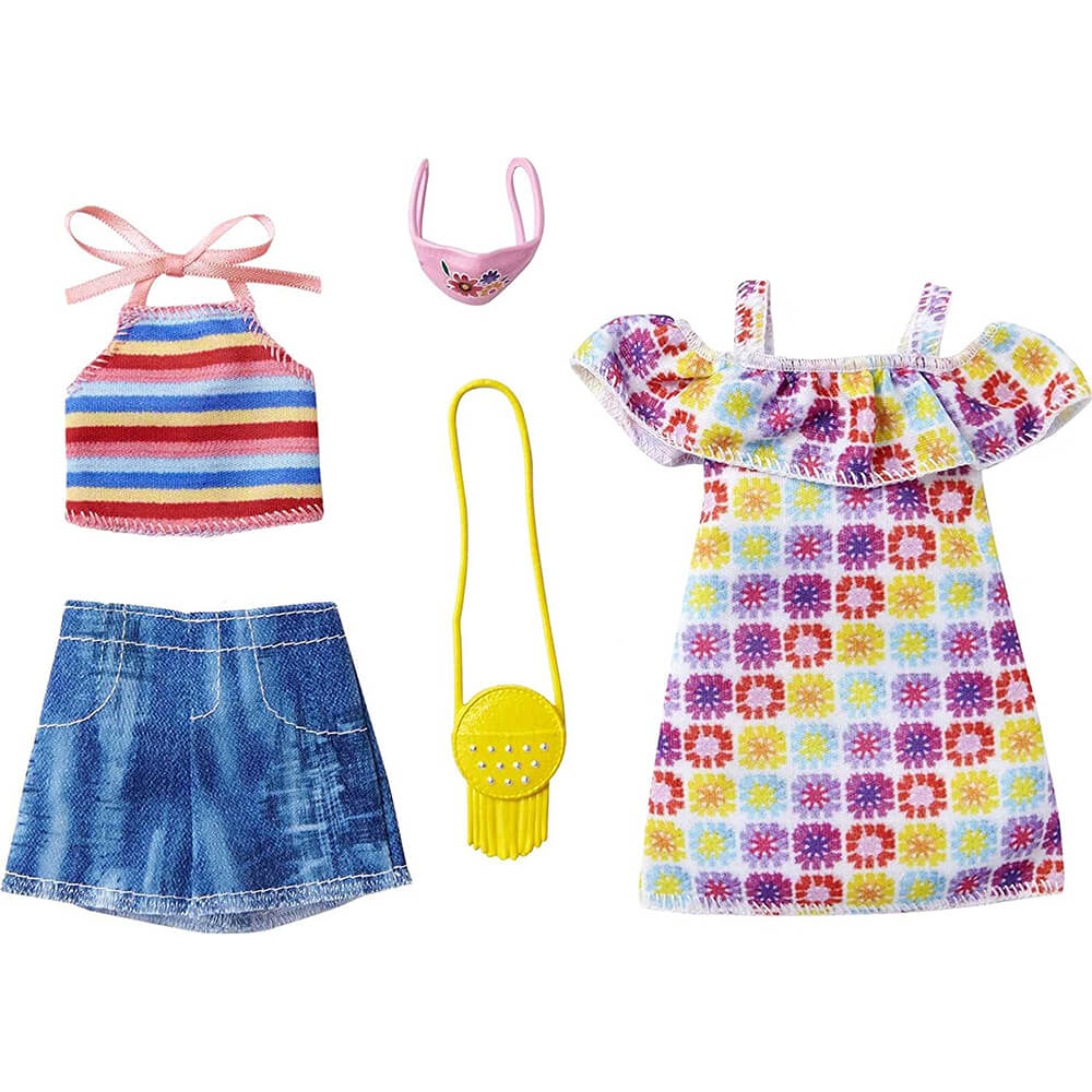 Barbie Clothes 2 Pack - Green Shirt with Print Dress, Striped Halter Top, and Denim Shorts