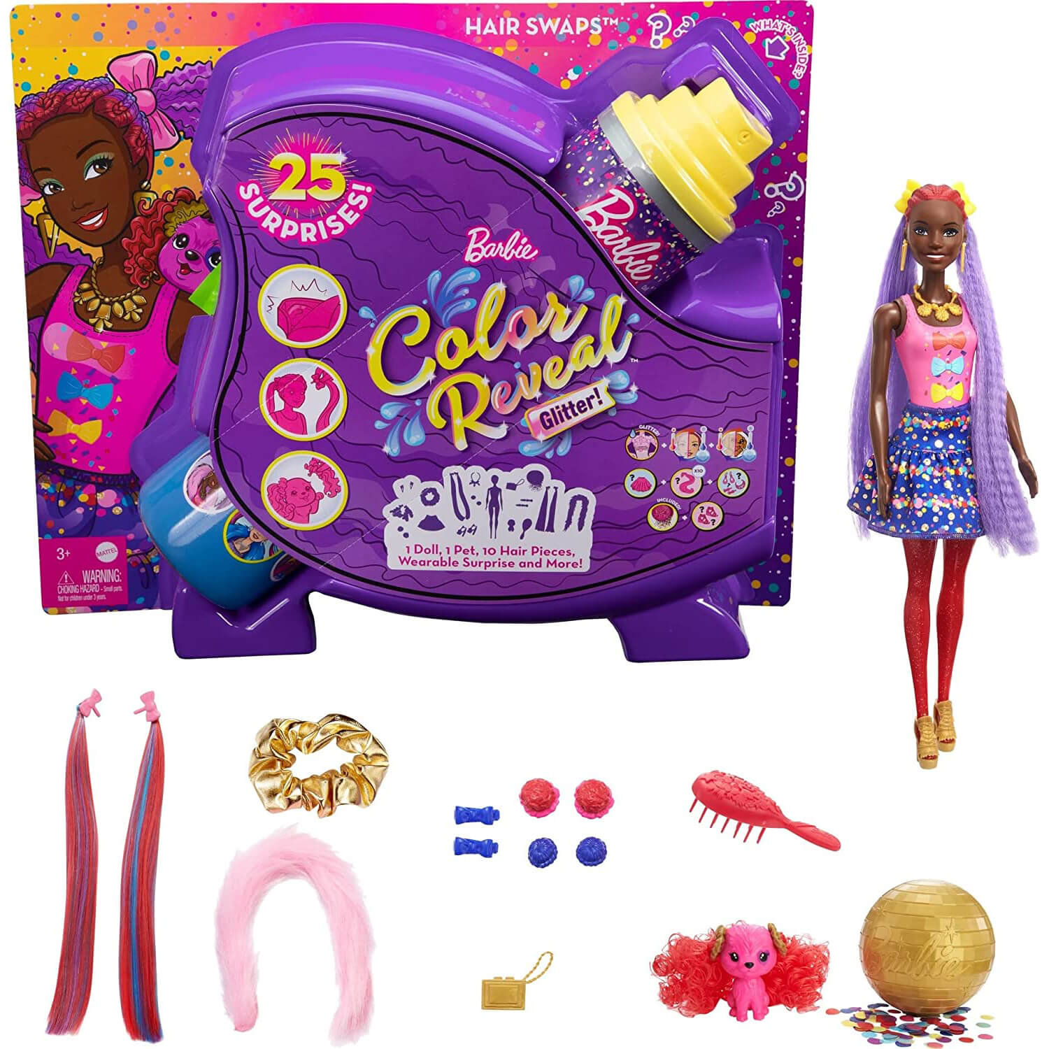 Barbie Color Reveal Glitter Doll with Red and Purple Hair