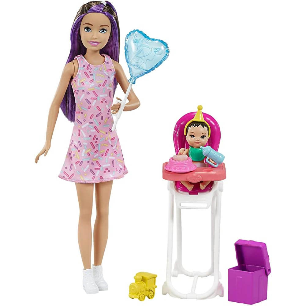 Barbie Family Skipper Babysitters Inc Black and Purple Hair and Baby Highchair Playset