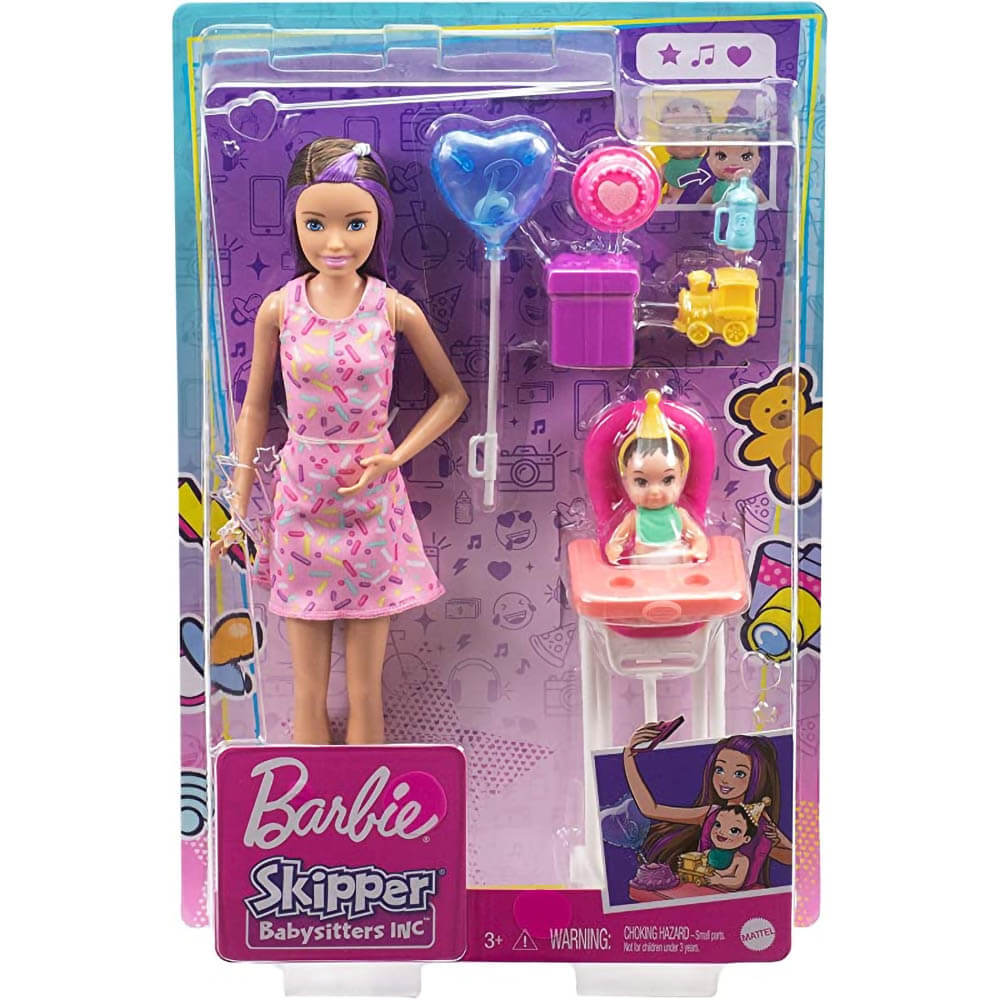 Barbie Family Skipper Babysitters Inc Black and Purple Hair and Baby Highchair Playset
