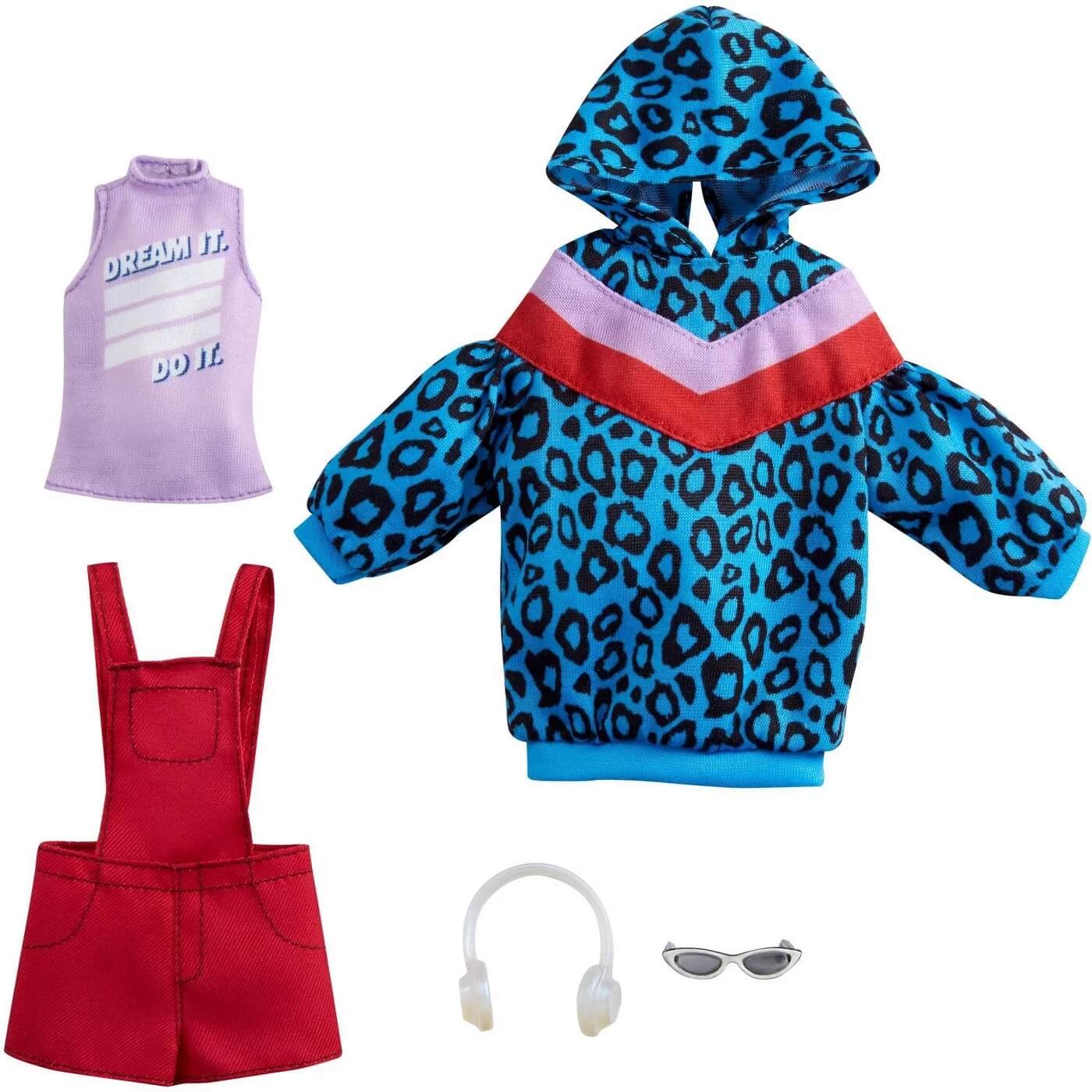 Barbie Fashions 2-Pack Clothing Set, 2 Outfits for Barbie Doll Include Animal-Print Hoodie Dress, Graphic Top, Red Overalls & 2 Accessories