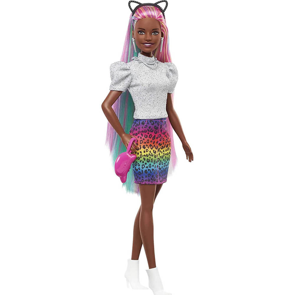 Barbie Leopard Rainbow Hair Doll Wearing Animal Print Skirt