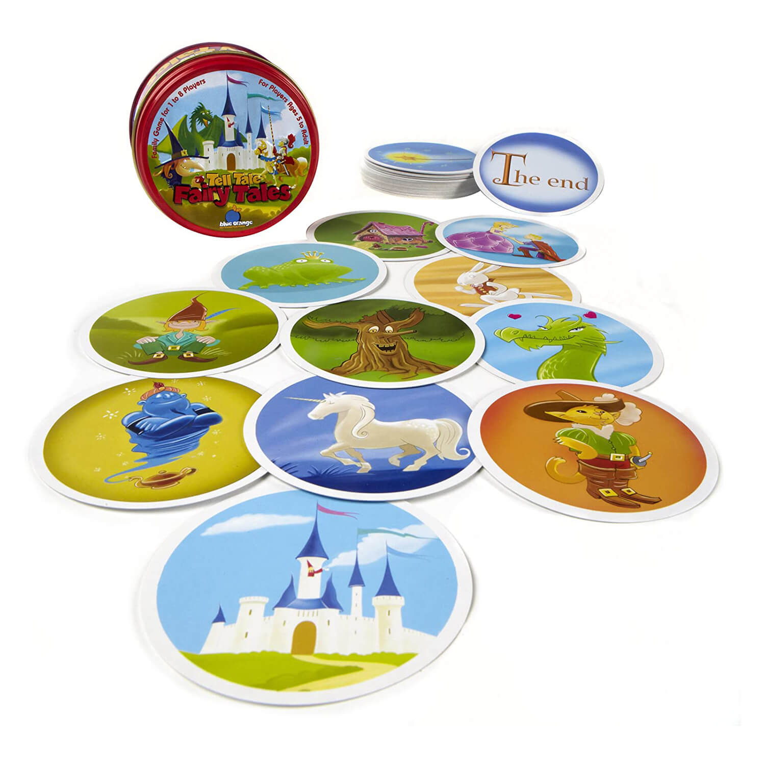 Spread out view of Blue Orange Tell Tale Fairy Tales Game cards.