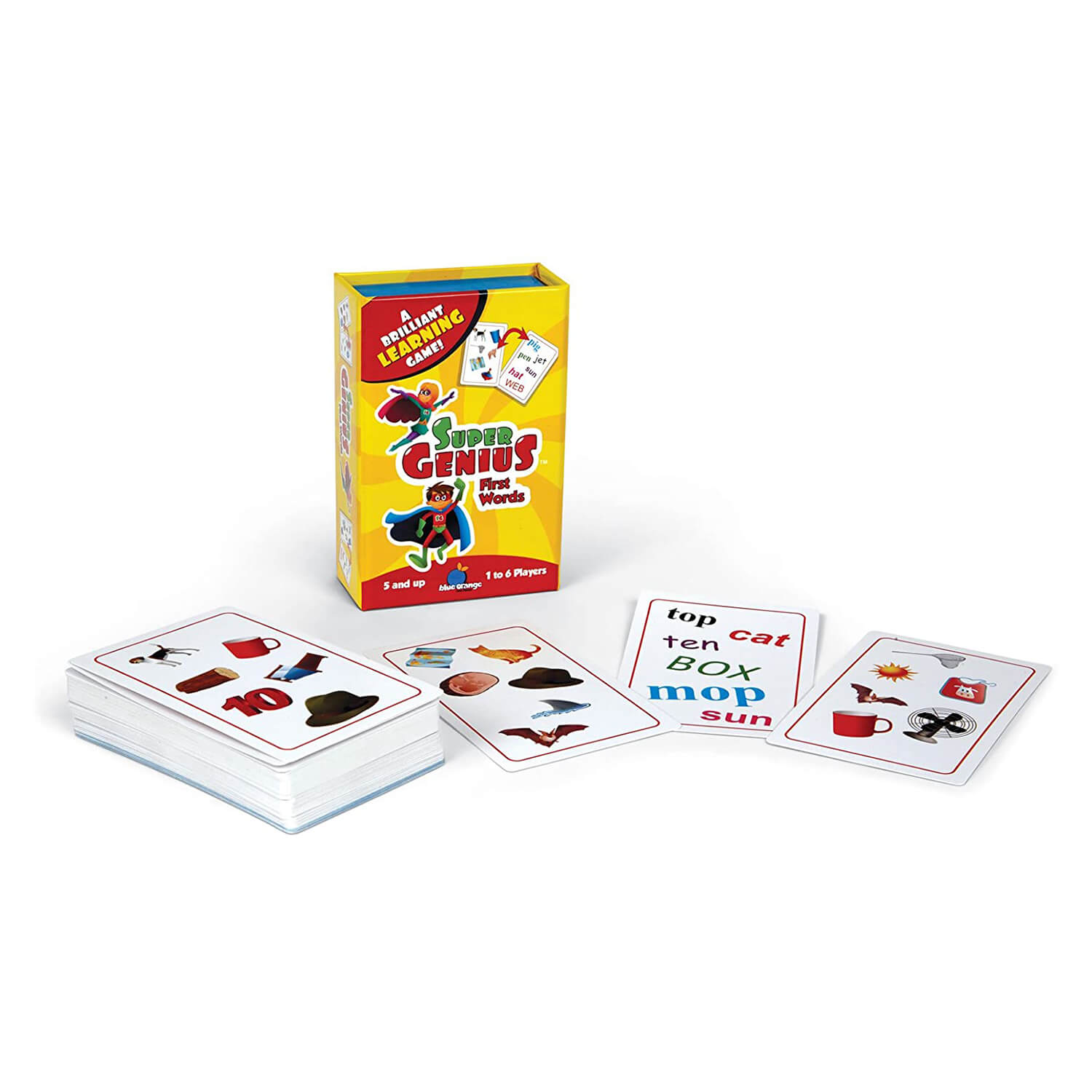 Spread view of cards included in Blue Orange Super Genius First Words Game.