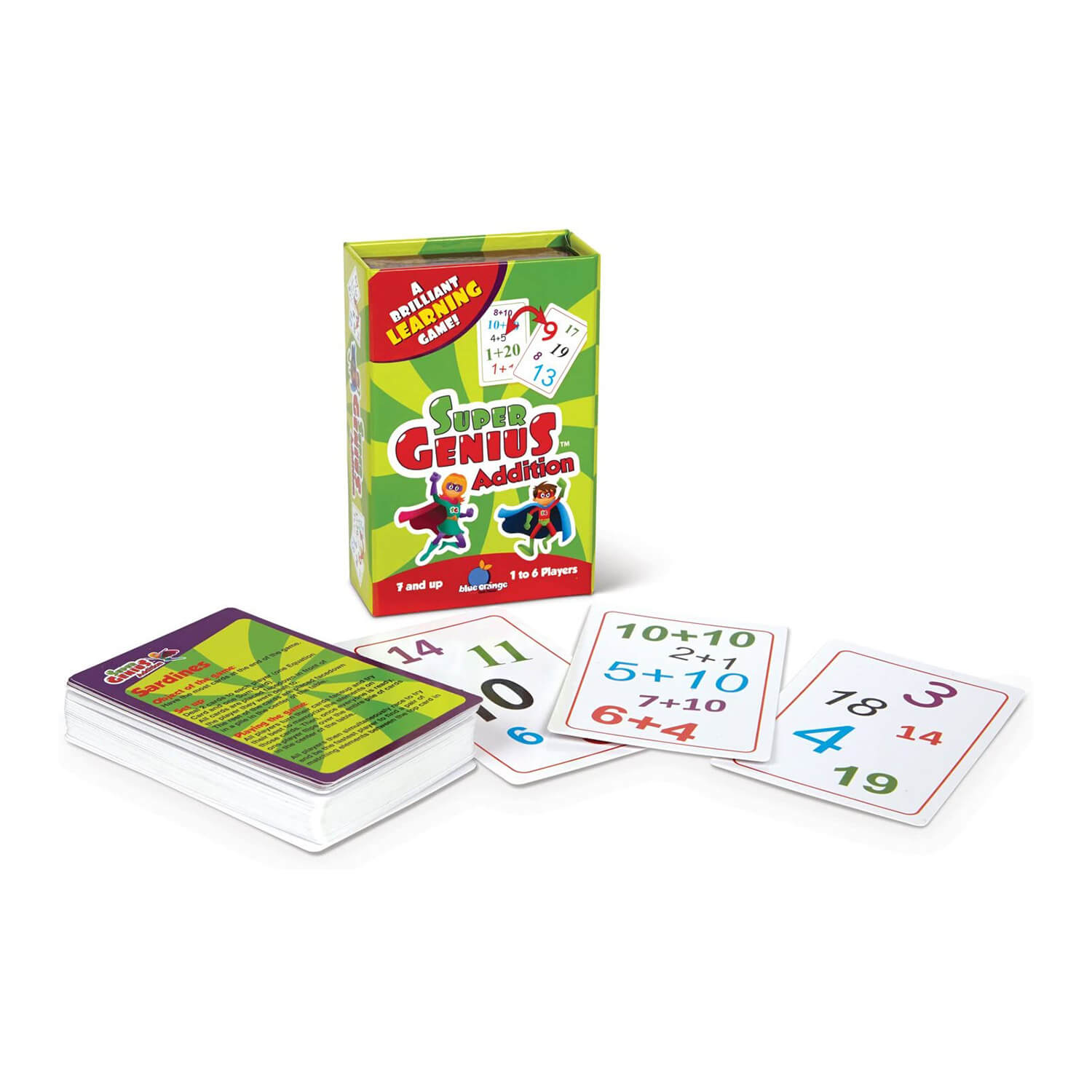 Frontal view of cards included in Blue Orange Super Genius Addition Game.