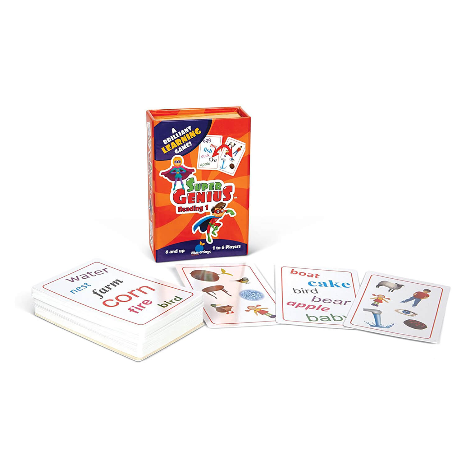 Frontal view of cards included in the Blue Orange Super Genius Reading 1 Game.