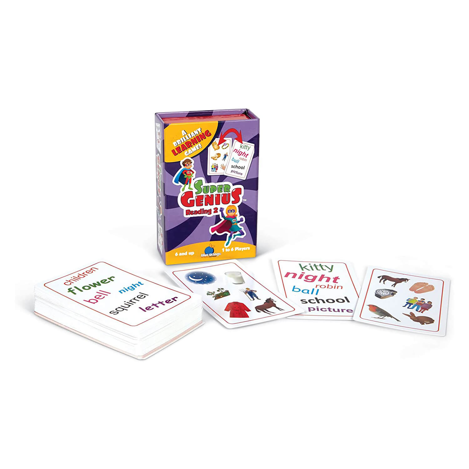 Frontal view of cards included in the Blue Orange Super Genius Reading 2 Game.
