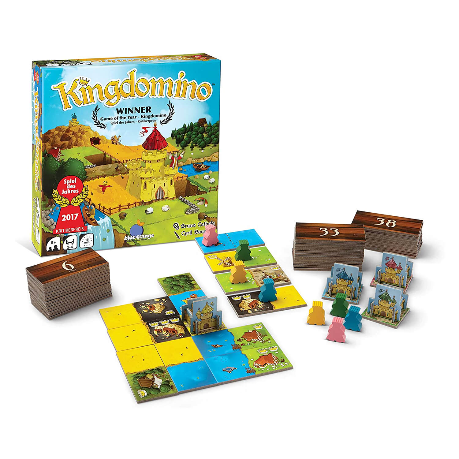 Spread of view of game cards and pieces included with the game.