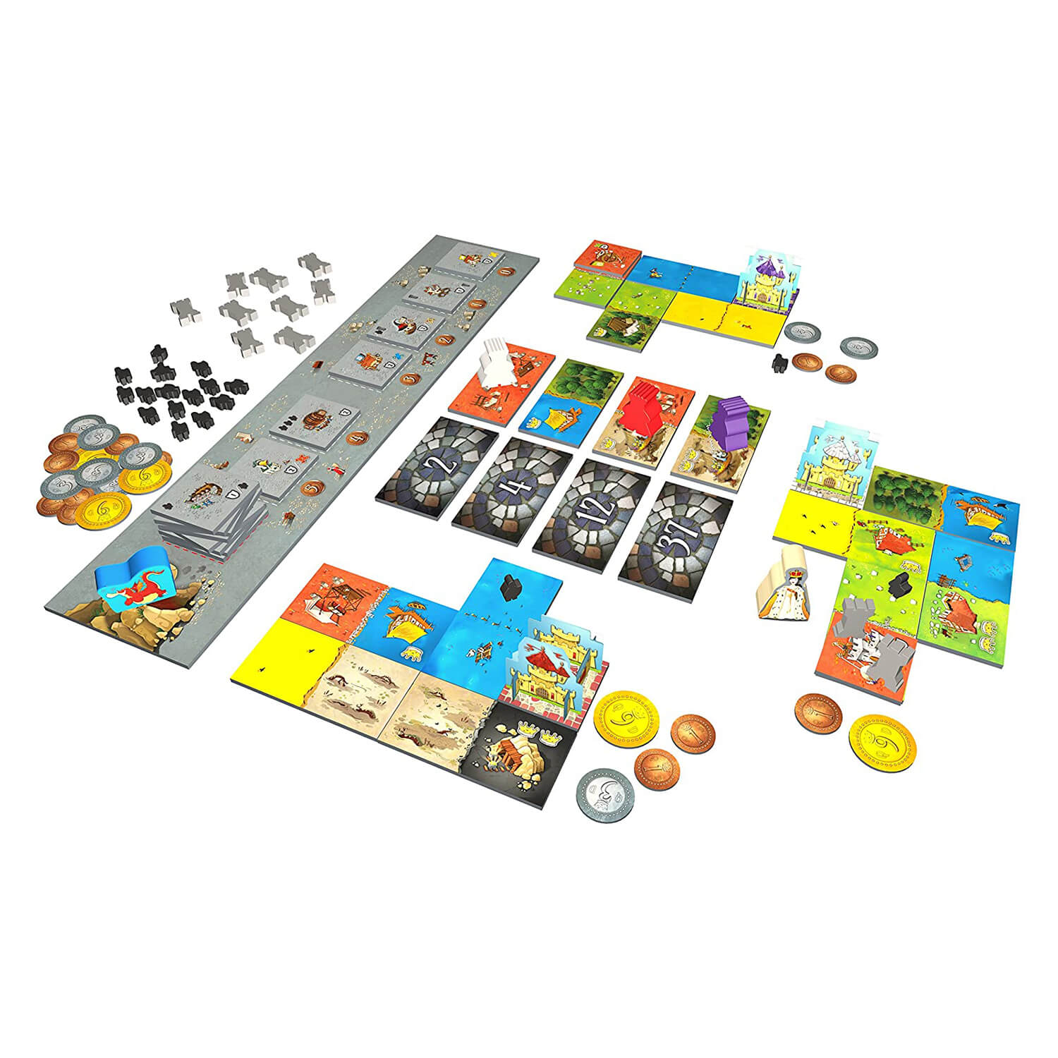 Top down view of all pieces and cards included in the Blue Orange Queendomino Game.