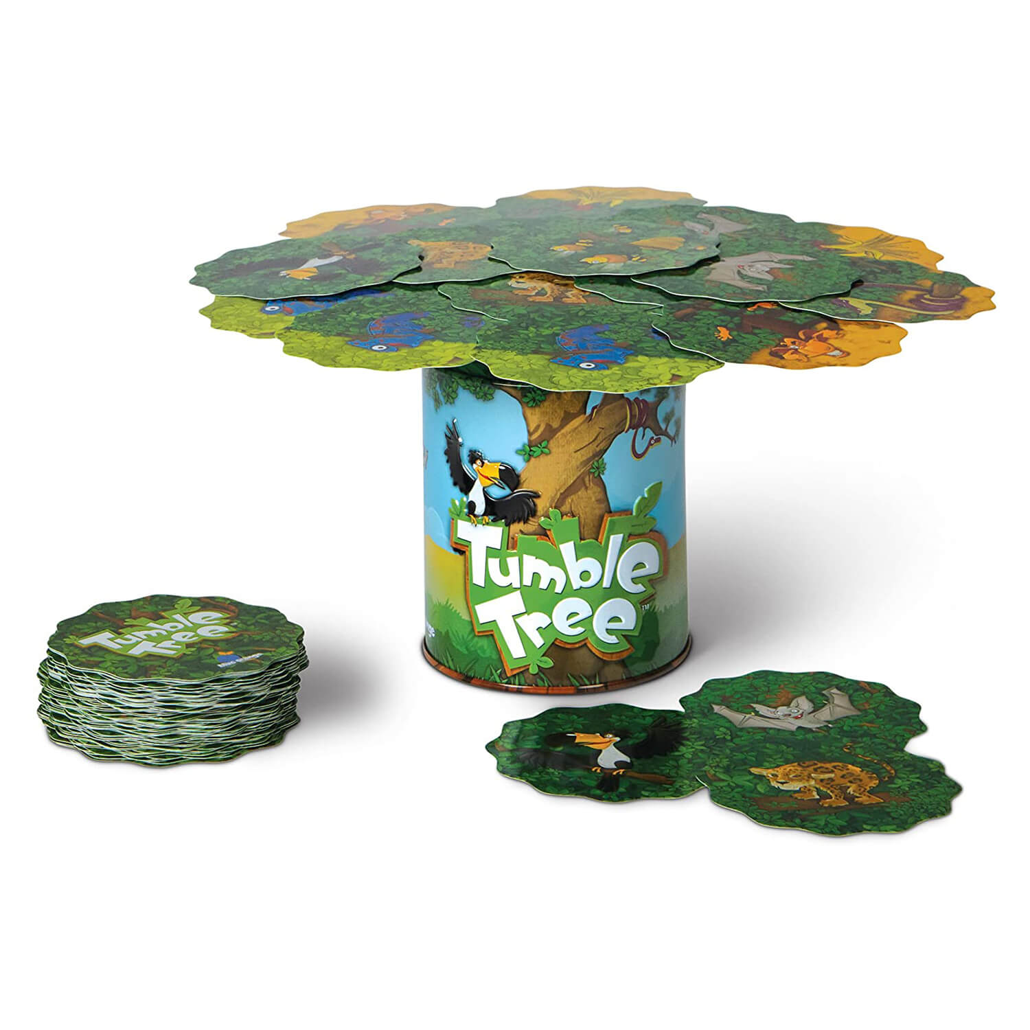 Blue Orange Tumble Tree Game cards and pieces set up.