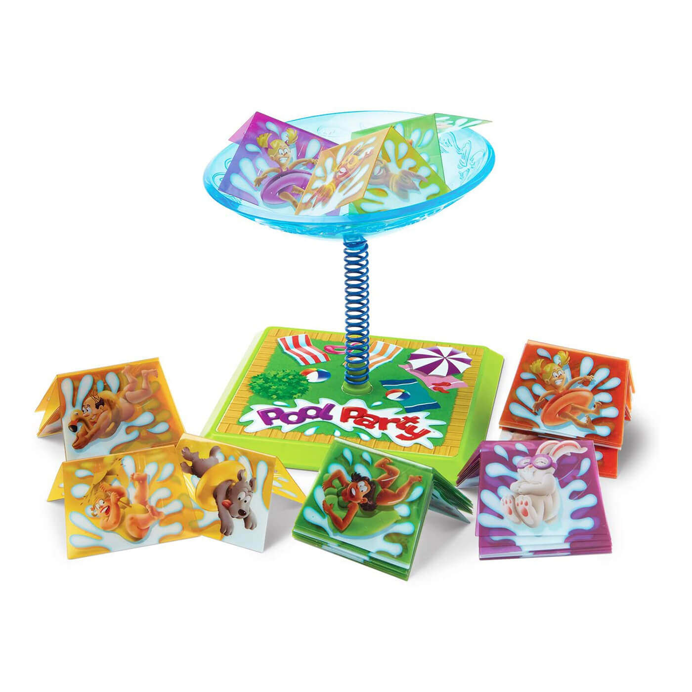 Pieces and cards included in the Blue Orange Pool Party Game.