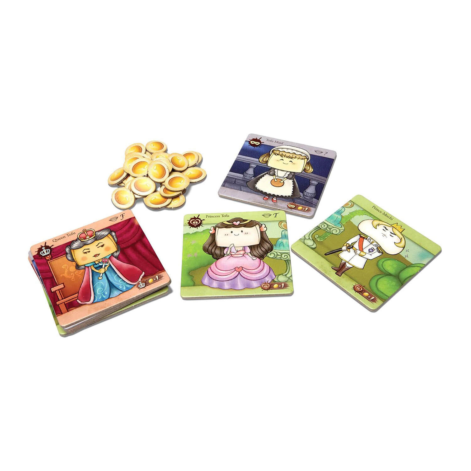 Cards and pieces included in the Blue Orange Tofu Kingdom Game.