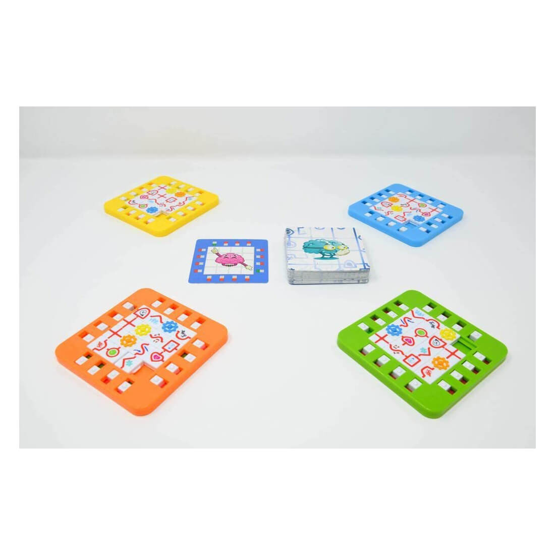Game board and cards setup for the Blue Orange Brain Connect Game.