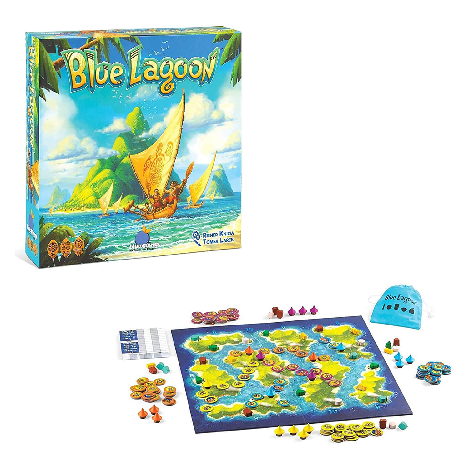 Game box and board layout for the Blue Orange Blue Lagoon Game.