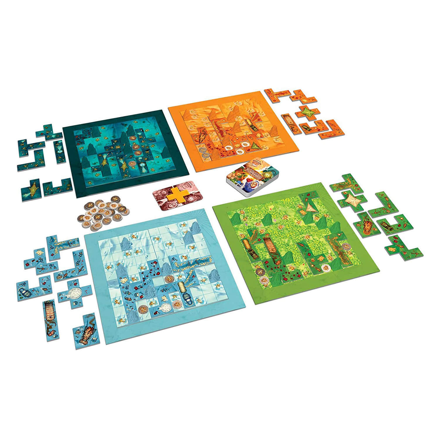 Gameboard and pieces set up for the Blue Orange Scarabya Game.