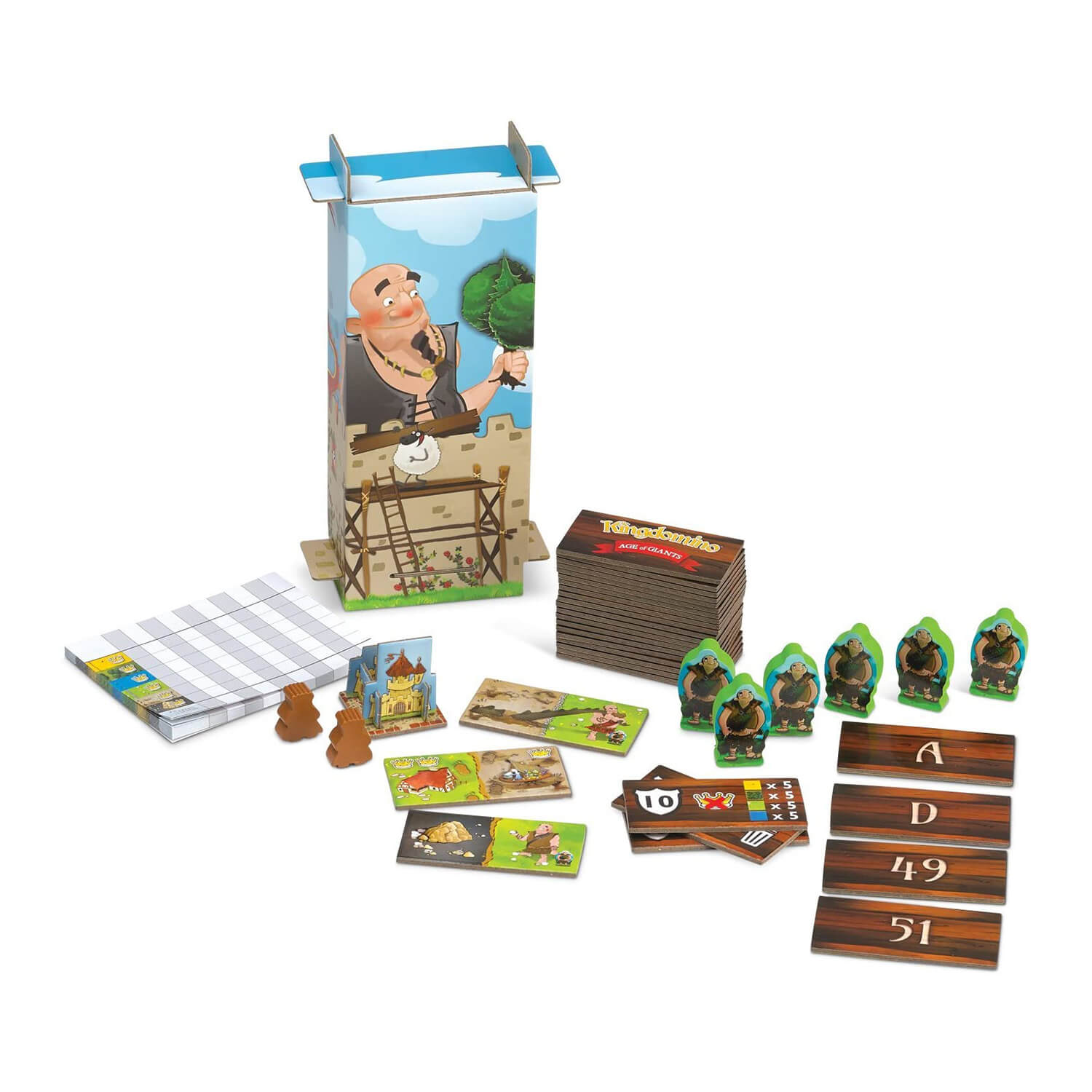 Game pieces and parts set up for the Blue Orange Kingdomino Age of Giants Espansion.