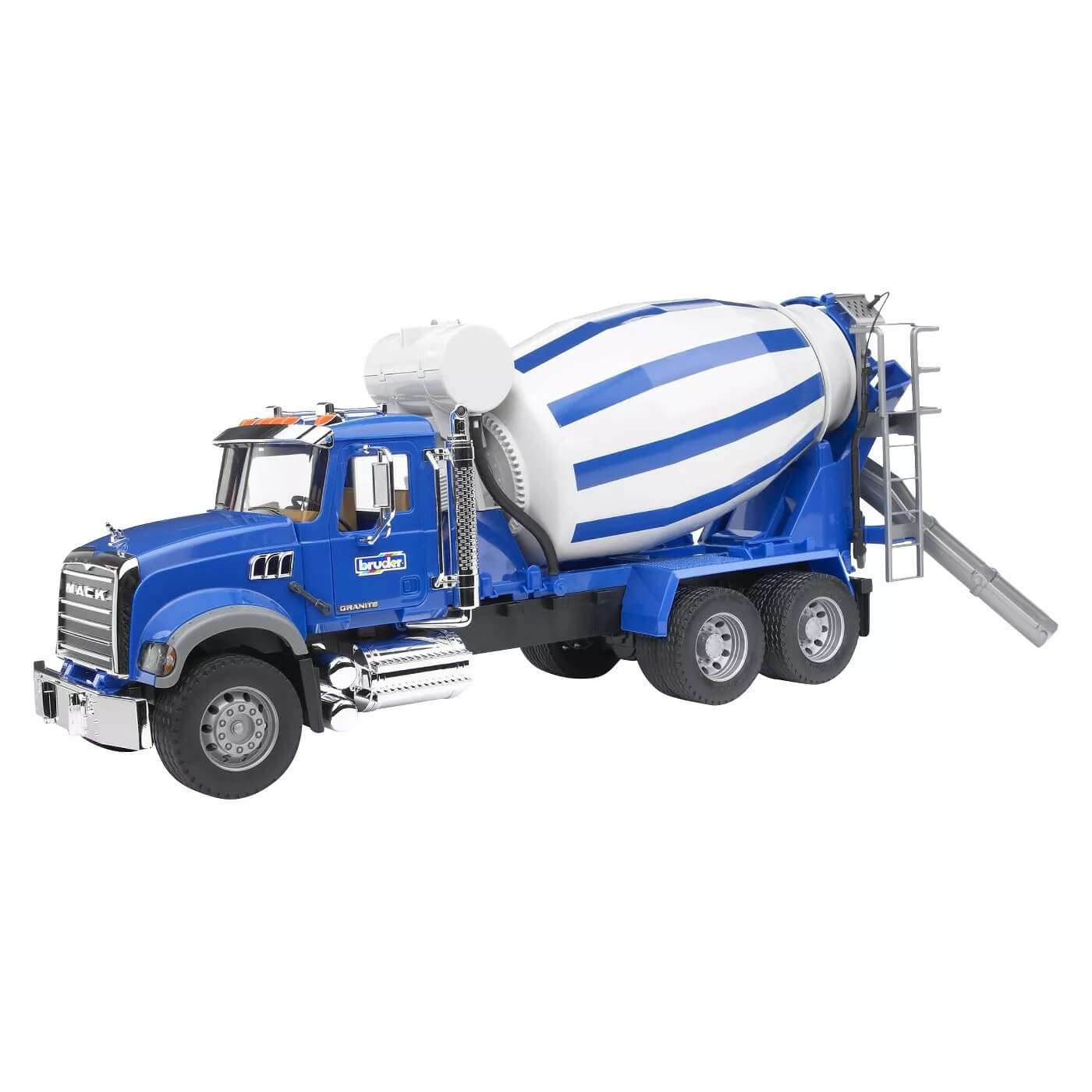 Side view of the Bruder Mack cement truck mixer in blue with a blue and white barrel.