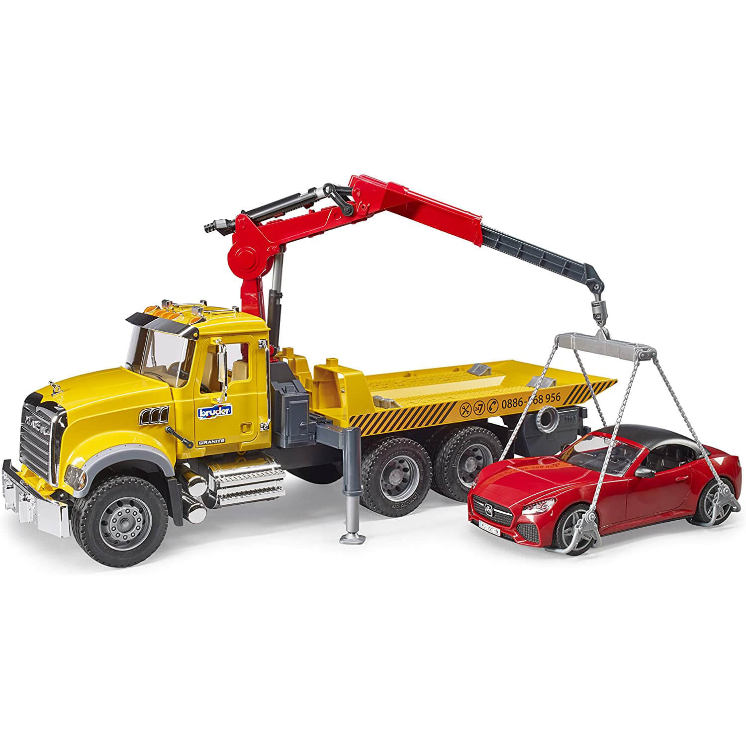 Bruder Pro Series MACK Granite Tow Truck with Bruder Roadster 1:16 Scale Vehicle