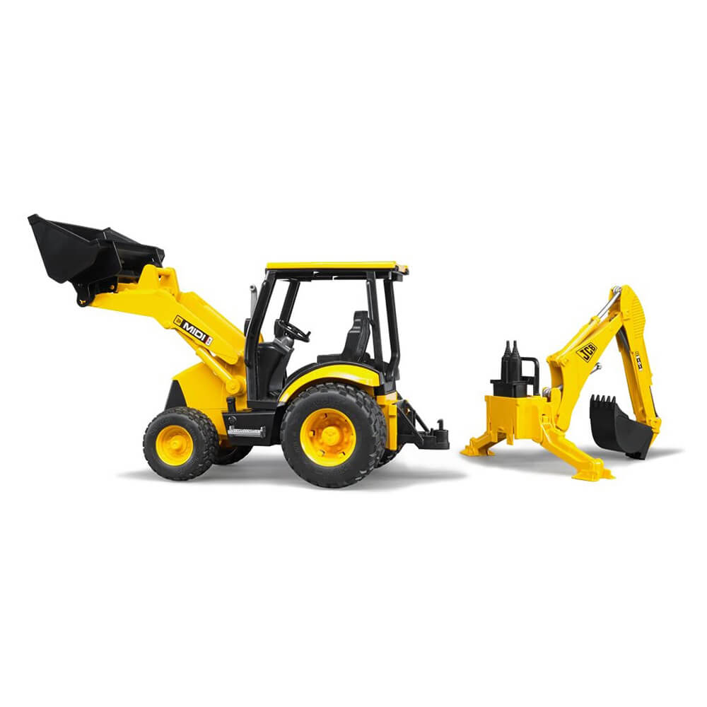 Side view of the Bruder Pro Series JCB Midi CX Loader Backhoe 1:16 Scale Vehicle.