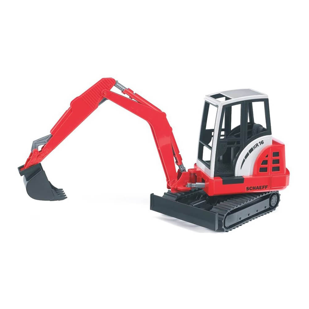 Side view of the Bruder Schaeff digger mini excavator toy.