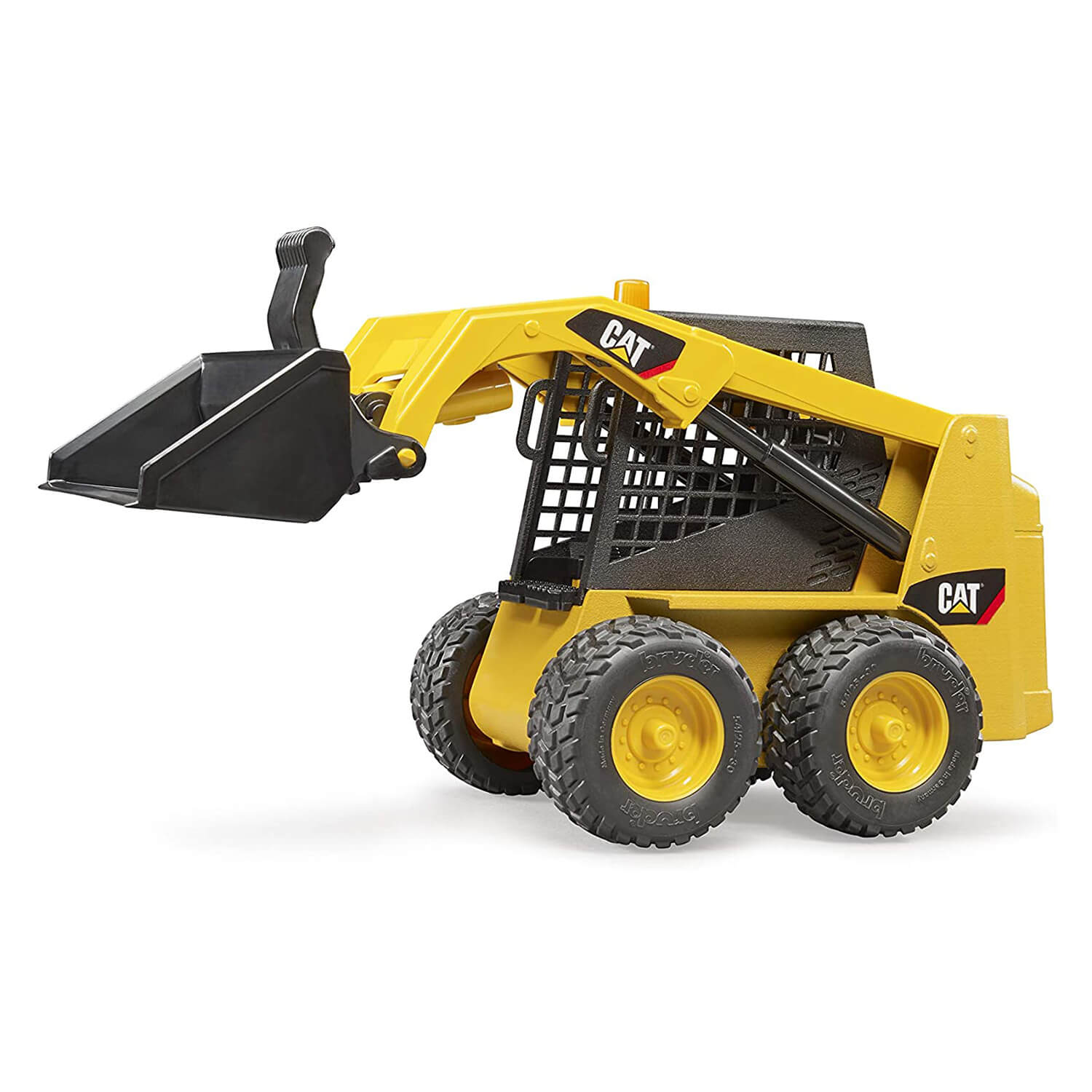Side view of the Bruder Pro Series Caterpillar Skid Steer Loader 1:16 Scale Vehicle with the fully functional loader arm slightly lifted.