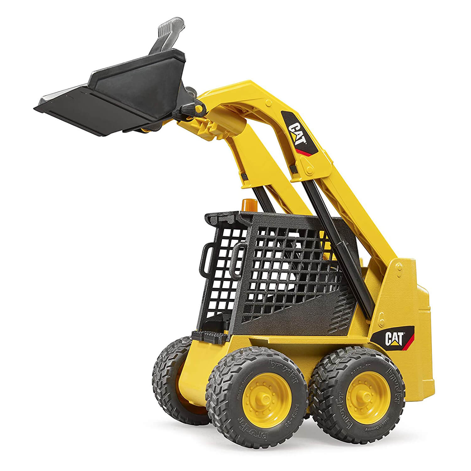 Including numerous accessories, the detachable shovel is lifted high above the Bruder CAT Skid Steer Loader..