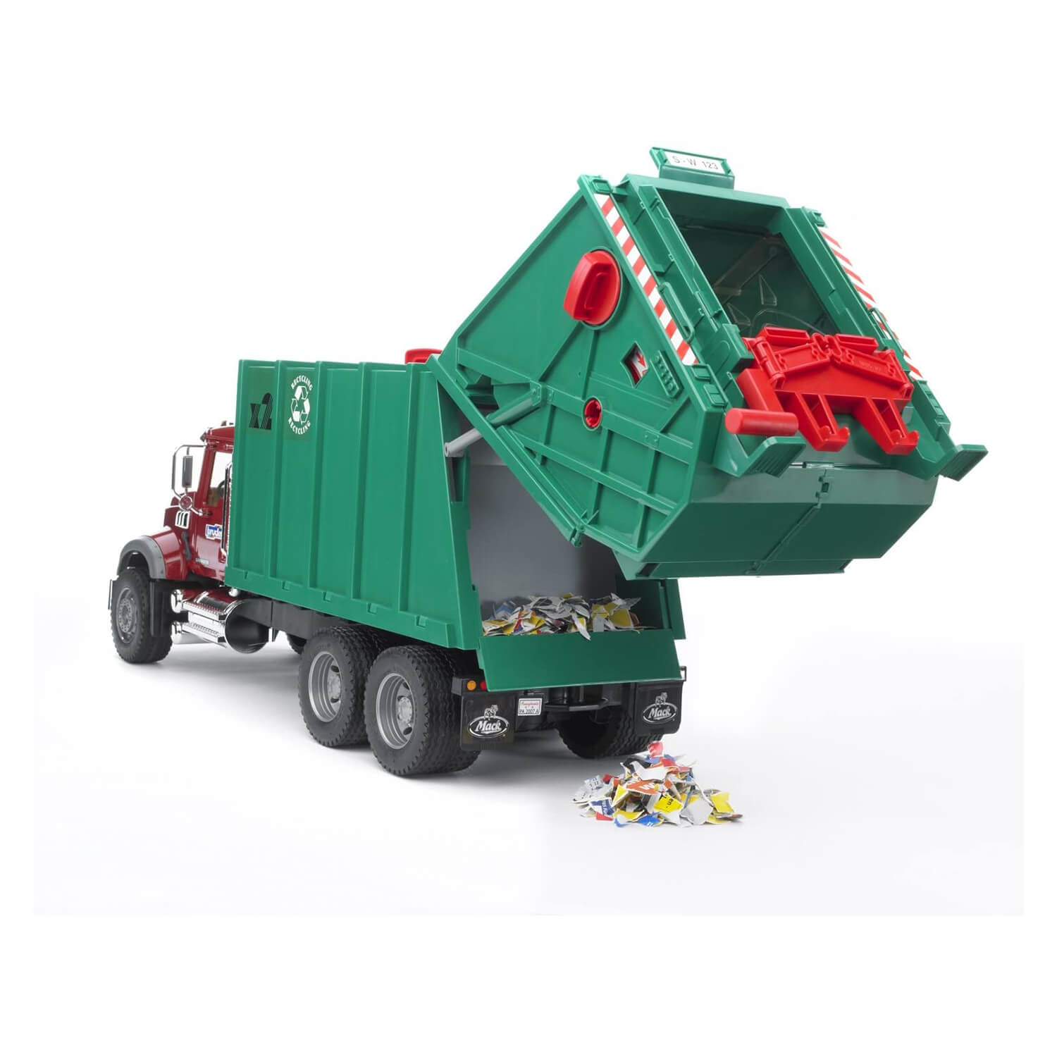 Back view of the Bruder Pro Series 1:16 Scale Mack Granite Garbage Truck Ruby Red Green.