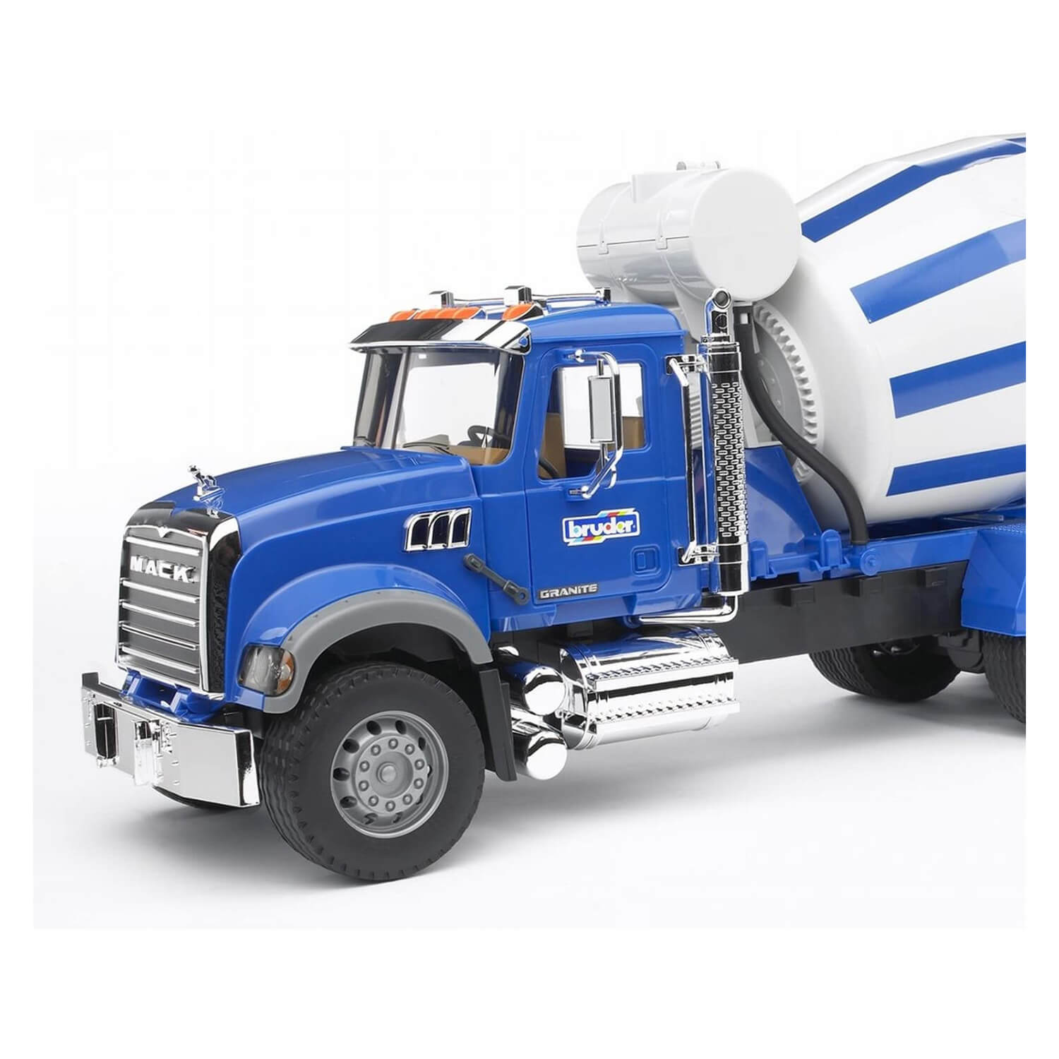 Side closeup view of the Bruder Pro Series Mack Granite Cement Mixer 1:16 Scale Vehicle.