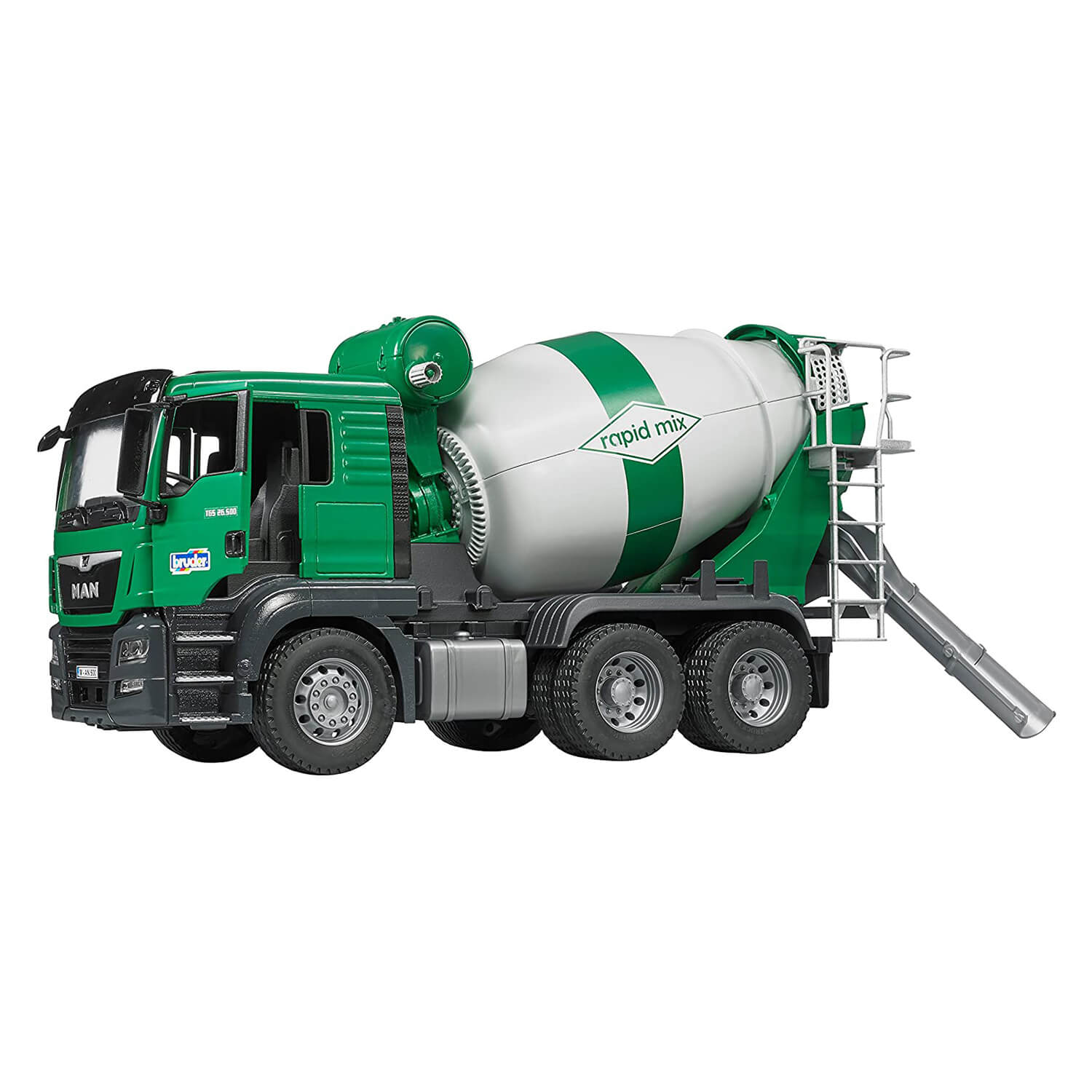 Side view of the cement mixer truck.