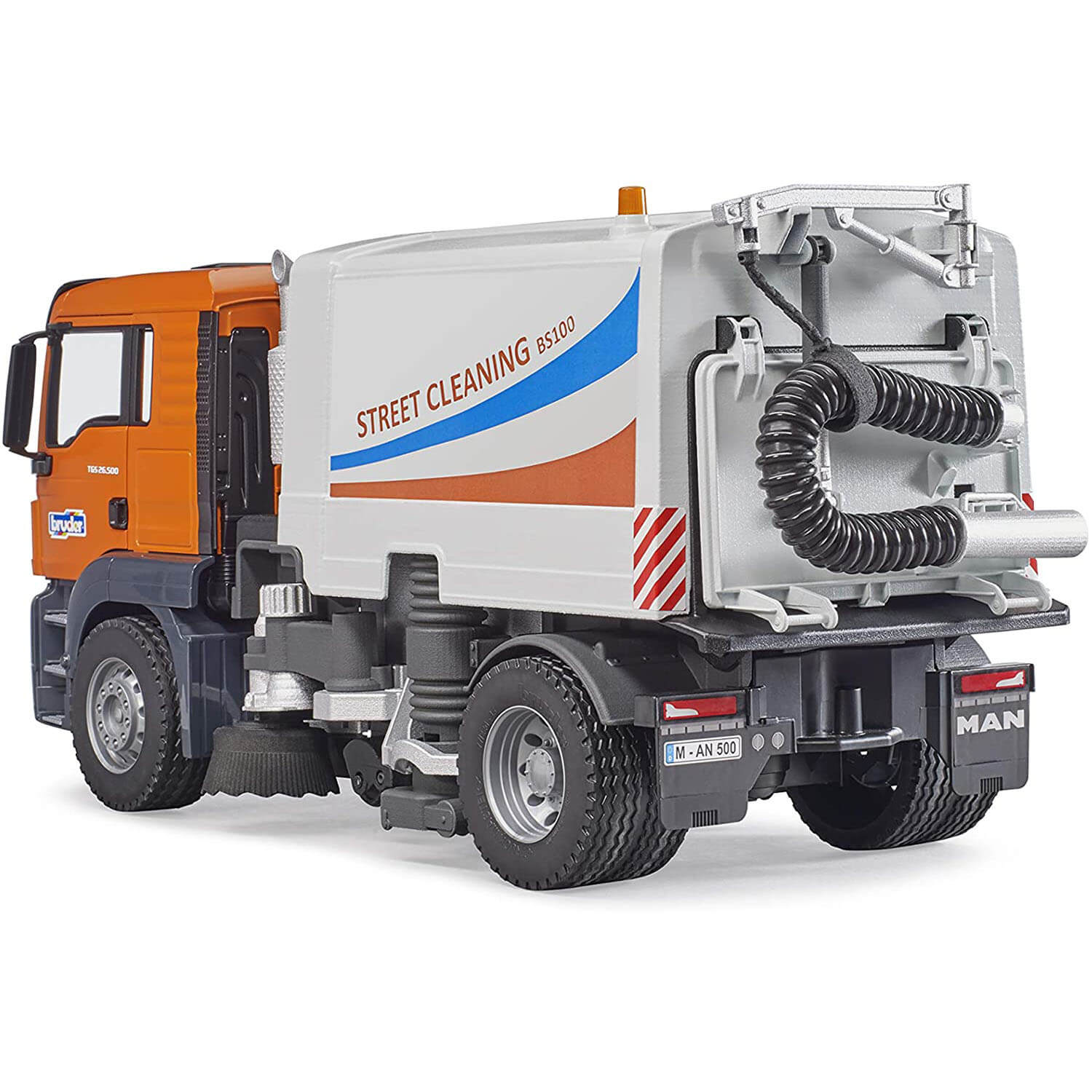 Rear quarter view of the Bruder MAN street sweeper with a orange cab and grey rear. Hose is attached to the back.