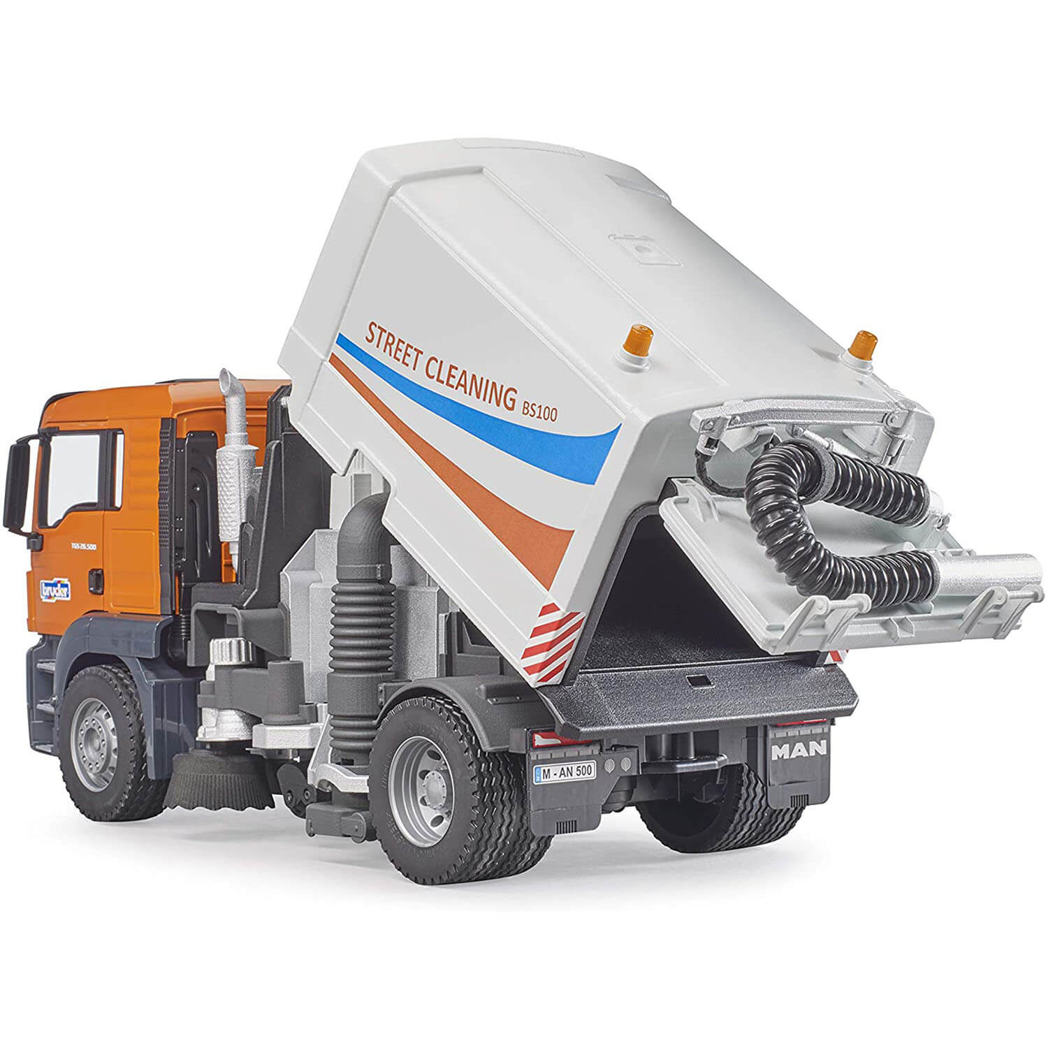 Refuse is raised and open on this rear quarter angle of the Bruder MAN street cleaner.